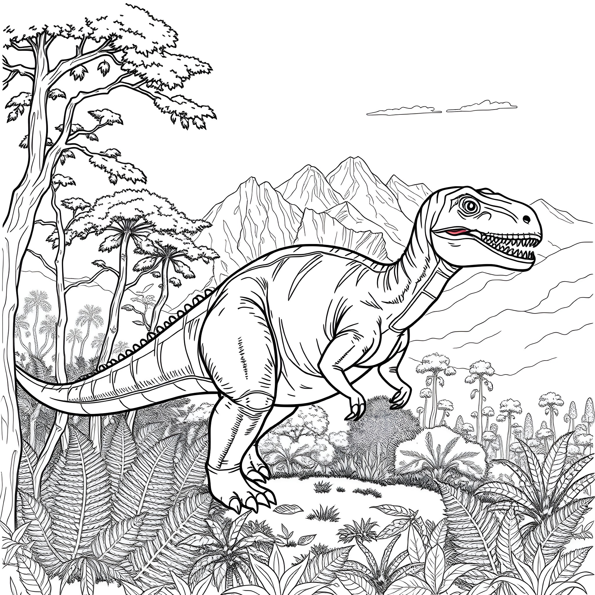 Frenguellisaurus Roaming the Prehistoric Landscape Coloring Page (free black-and-white line drawing printable PDF for all, from beginners to advanced learners, including children, teens, adults, and seniors)