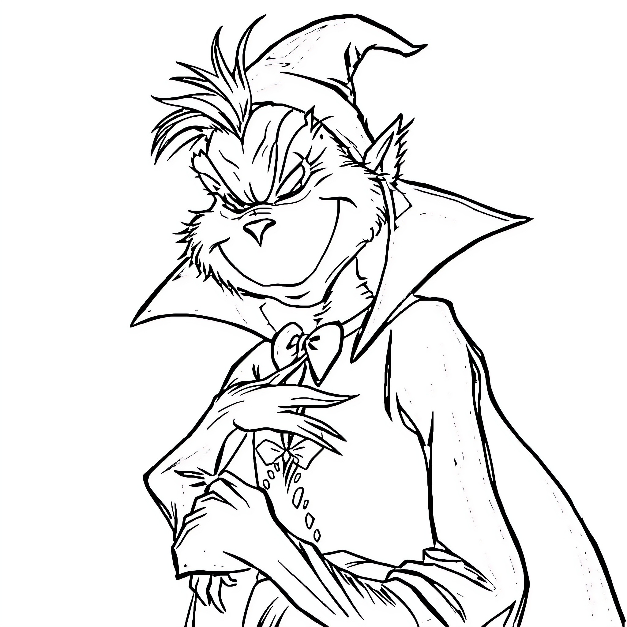 Grinch making a mischievous expression Coloring Page (free black-and-white line drawing printable PDF for all, from beginners to advanced learners, including children, teens, adults, and seniors)