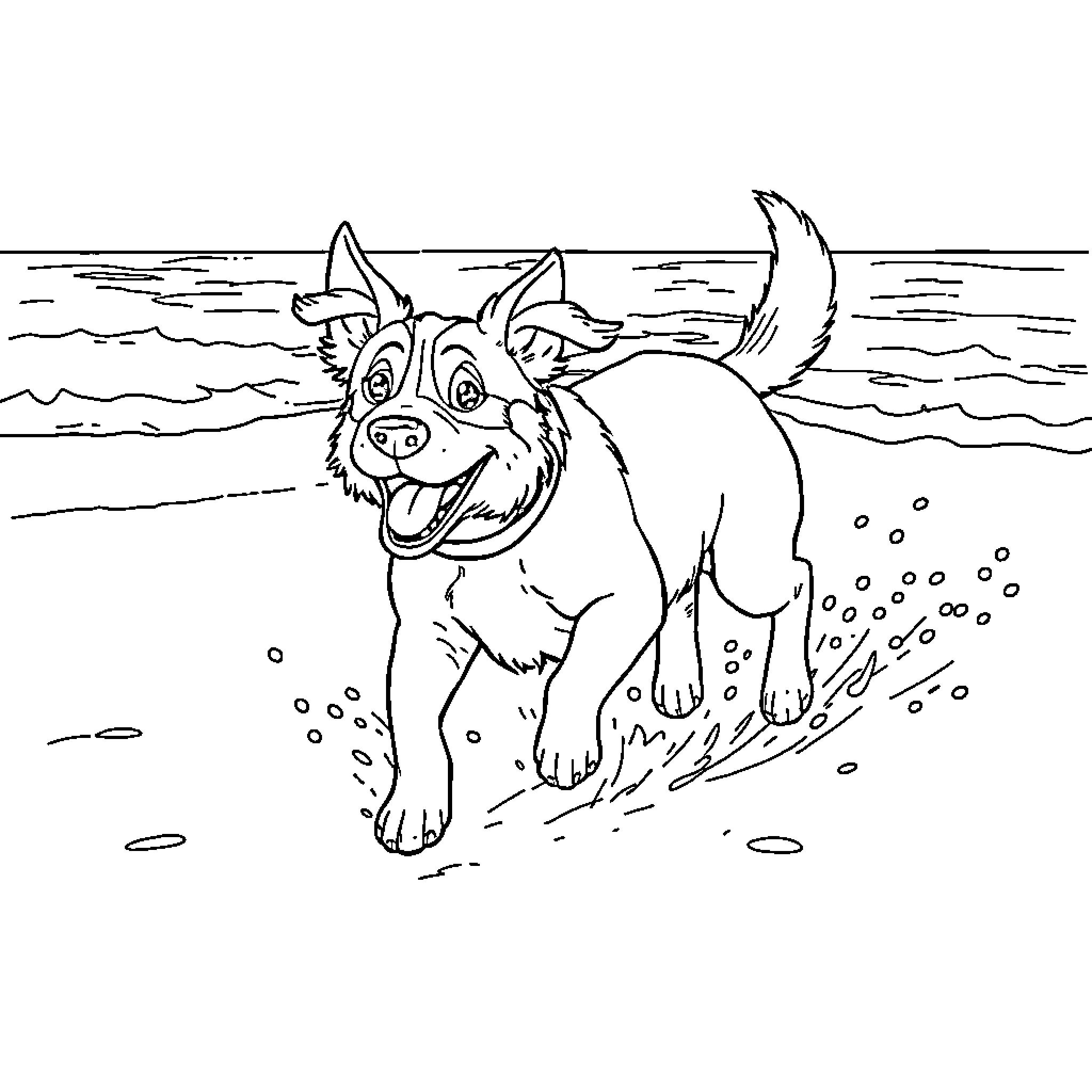 Dog playing happily at the beach Coloring Page (free black-and-white line drawing printable PDF for all, from beginners to advanced learners, including children, teens, adults, and seniors)