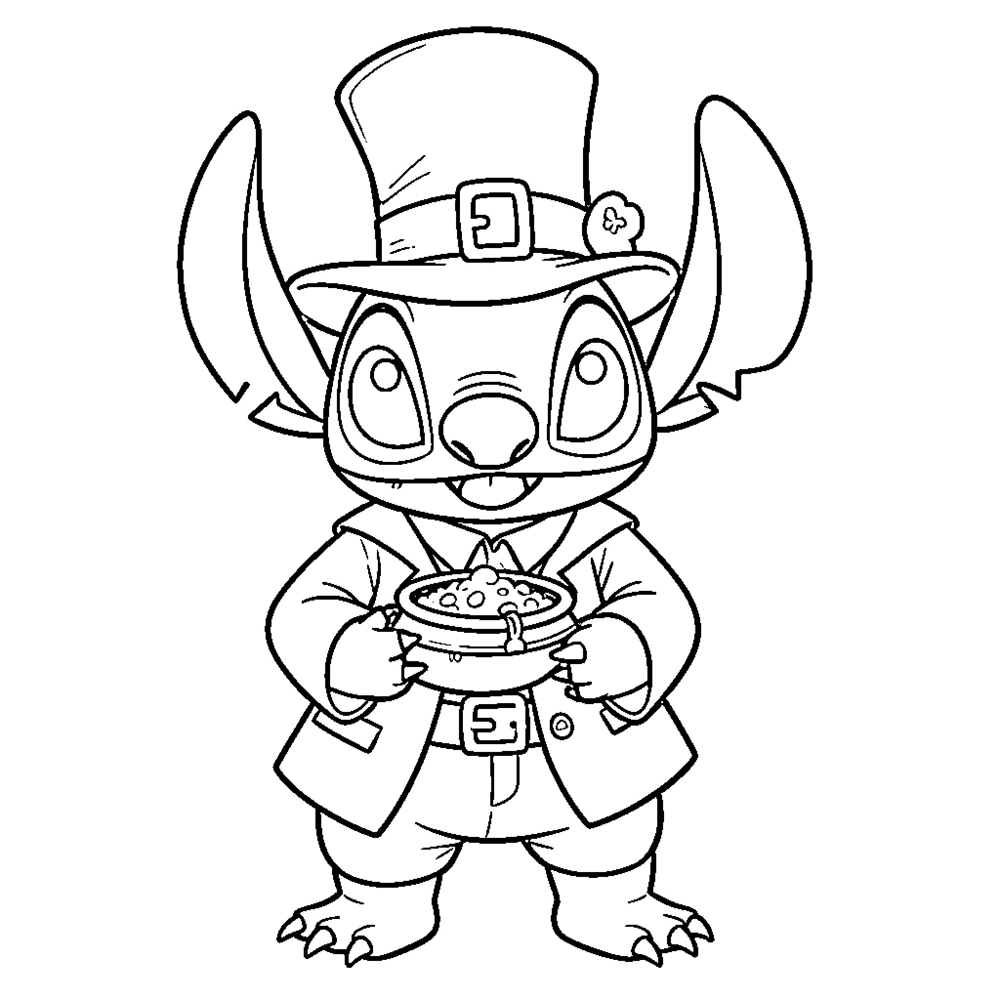 Stitch wearing a top hat holding a food bowl Coloring Page (free black-and-white line drawing printable PDF for all, from beginners to advanced learners, including children, teens, adults, and seniors)
