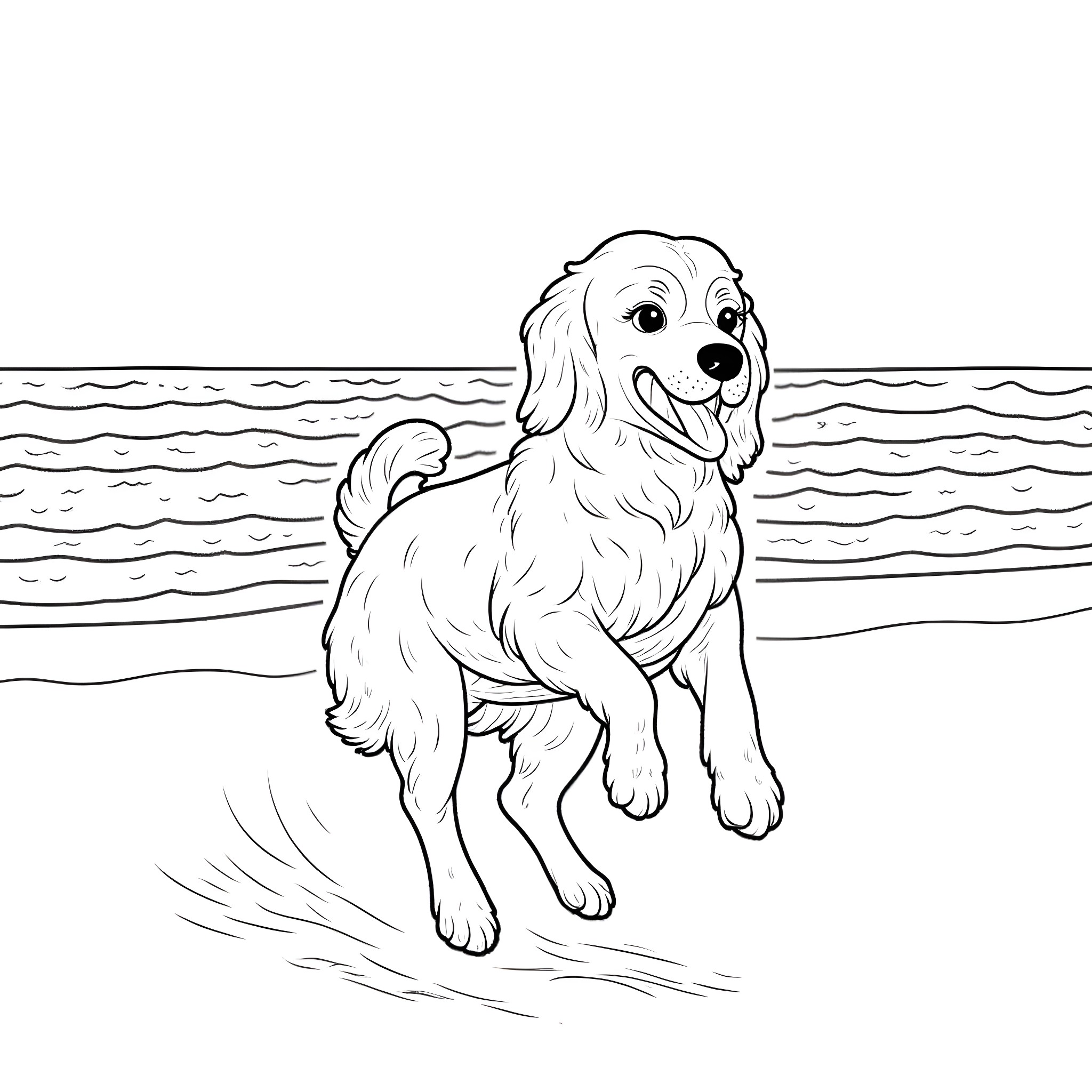 Cocker Spaniel playing happily by the water Coloring Page (free black-and-white line drawing printable PDF for all, from beginners to advanced learners, including children, teens, adults, and seniors)