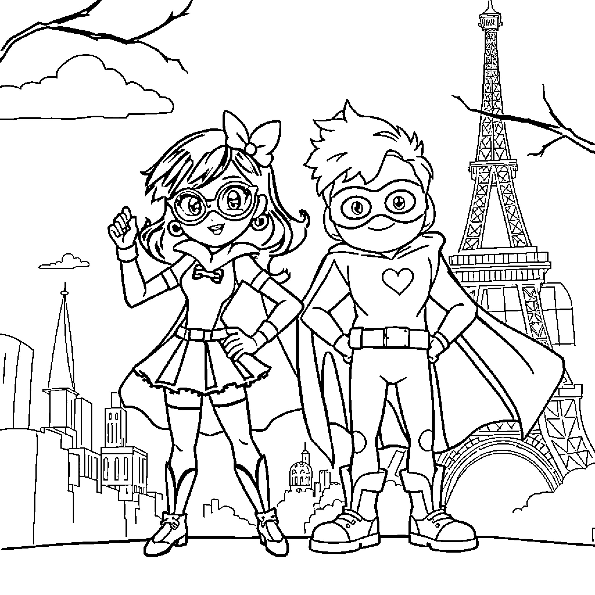 Miraculous superheroes posing confidently in front of the Eiffel Tower Coloring Page (free black-and-white line drawing printable PDF for all, from beginners to advanced learners, including children, teens, adults, and seniors)