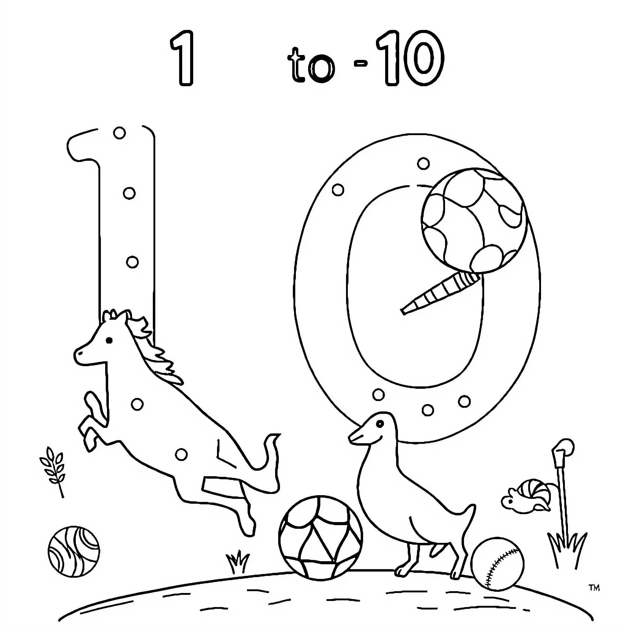 Sports activities and animals in a playful scene Coloring Page (free black-and-white line drawing printable PDF for all, from beginners to advanced learners, including children, teens, adults, and seniors)
