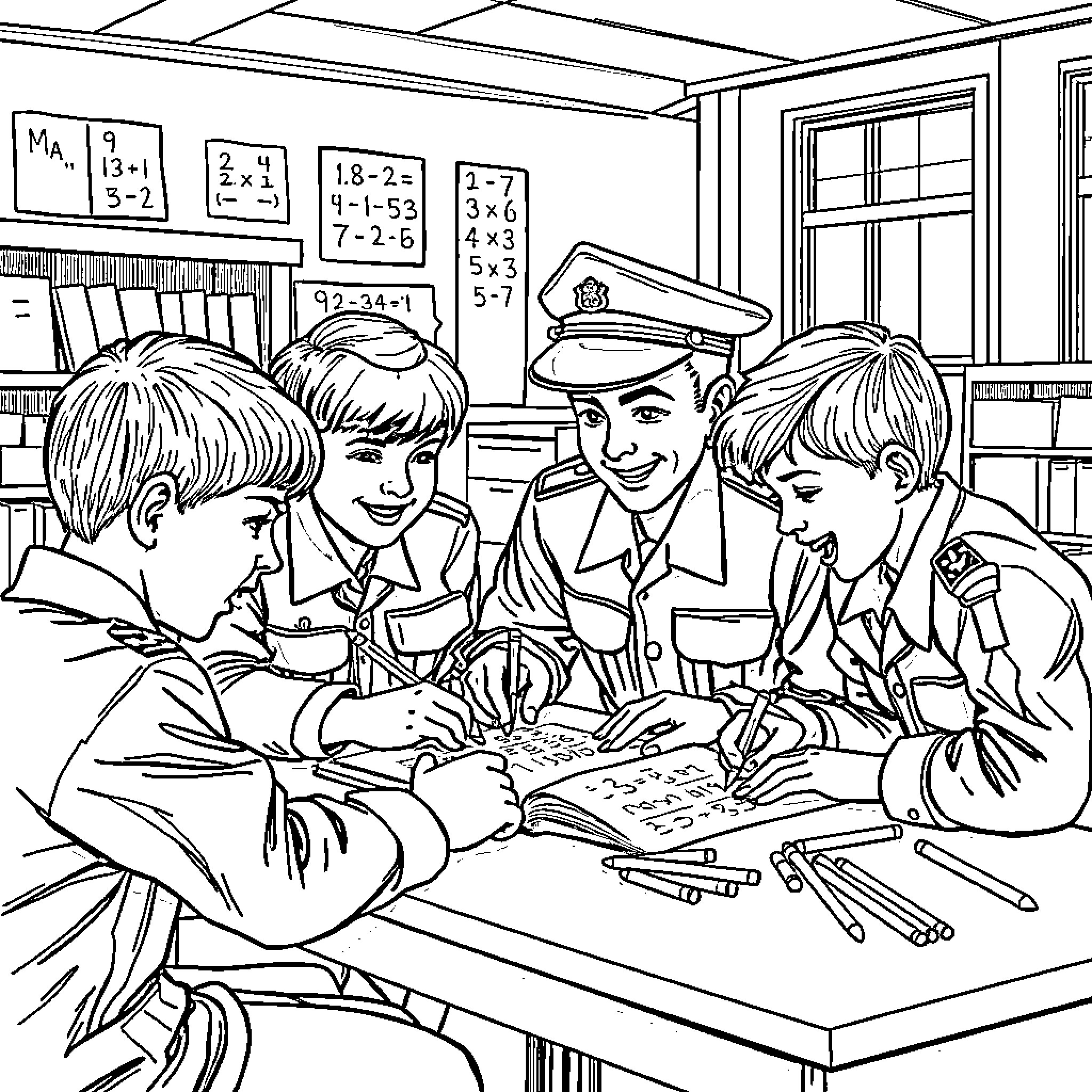 Math Lesson with Enthusiastic Students and Teachers Coloring Page (free black-and-white line drawing printable PDF for all, from beginners to advanced learners, including children, teens, adults, and seniors)