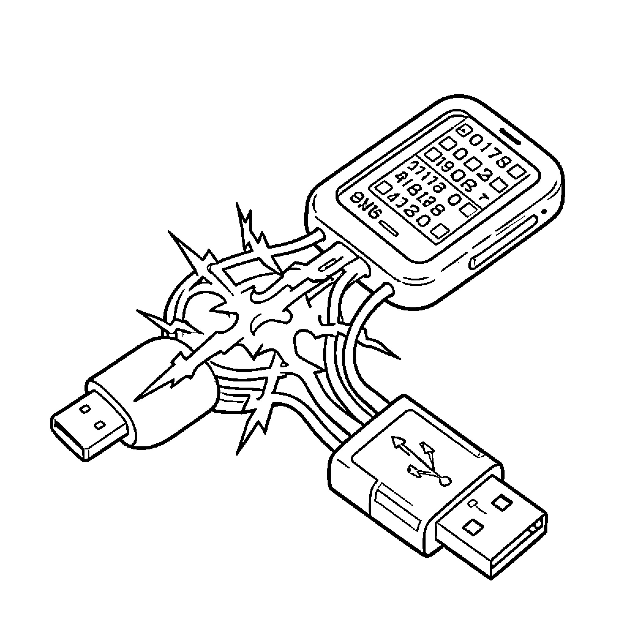USB cables sparking and short circuiting near a device Coloring Page (free black-and-white line drawing printable PDF for all, from beginners to advanced learners, including children, teens, adults, and seniors)