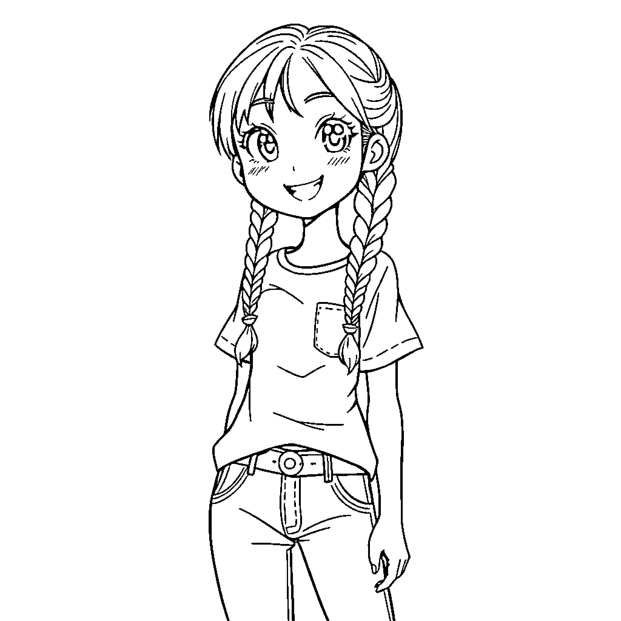 Animal Girl with Braided Hair and Casual Outfit Coloring Page (free black-and-white line drawing printable PDF for all, from beginners to advanced learners, including children, teens, adults, and seniors)