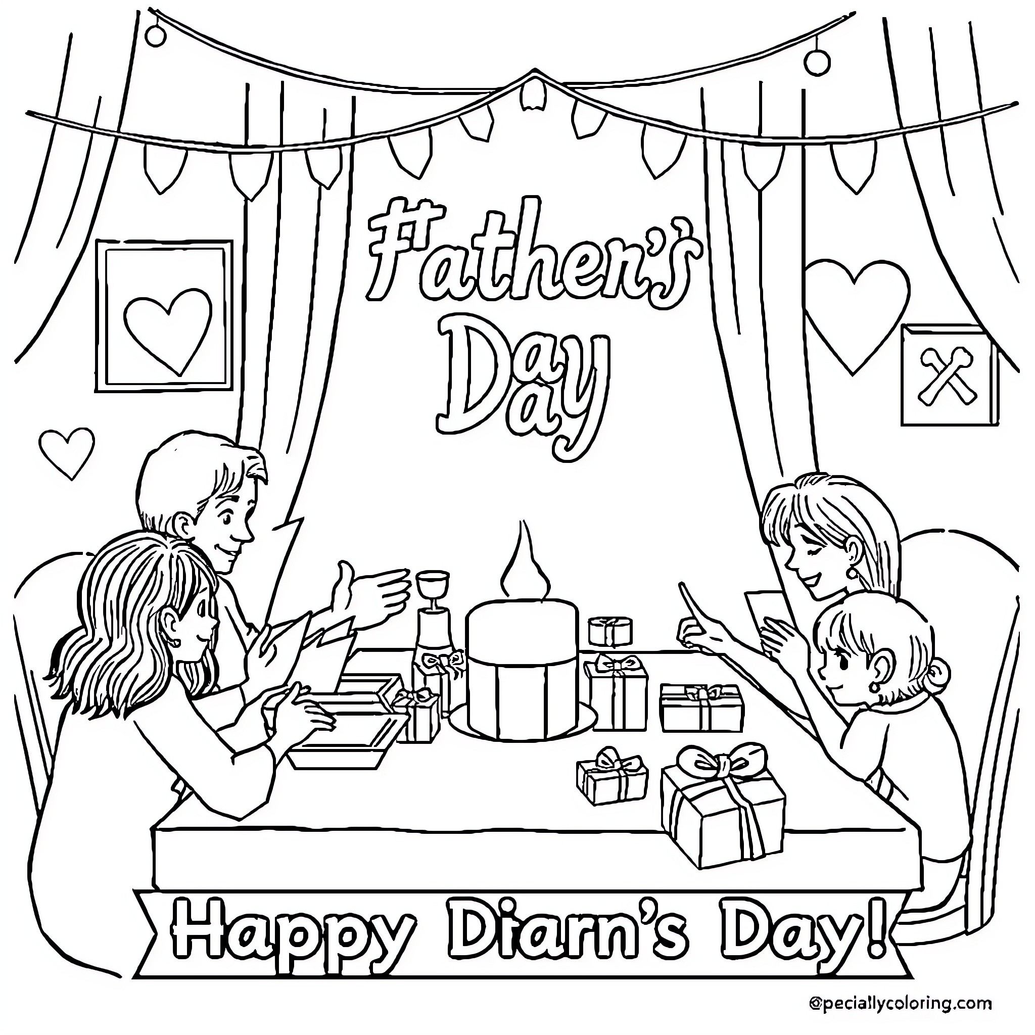 Father's Day Celebration with Family Coloring Page (free black-and-white line drawing printable PDF for all, from beginners to advanced learners, including children, teens, adults, and seniors)