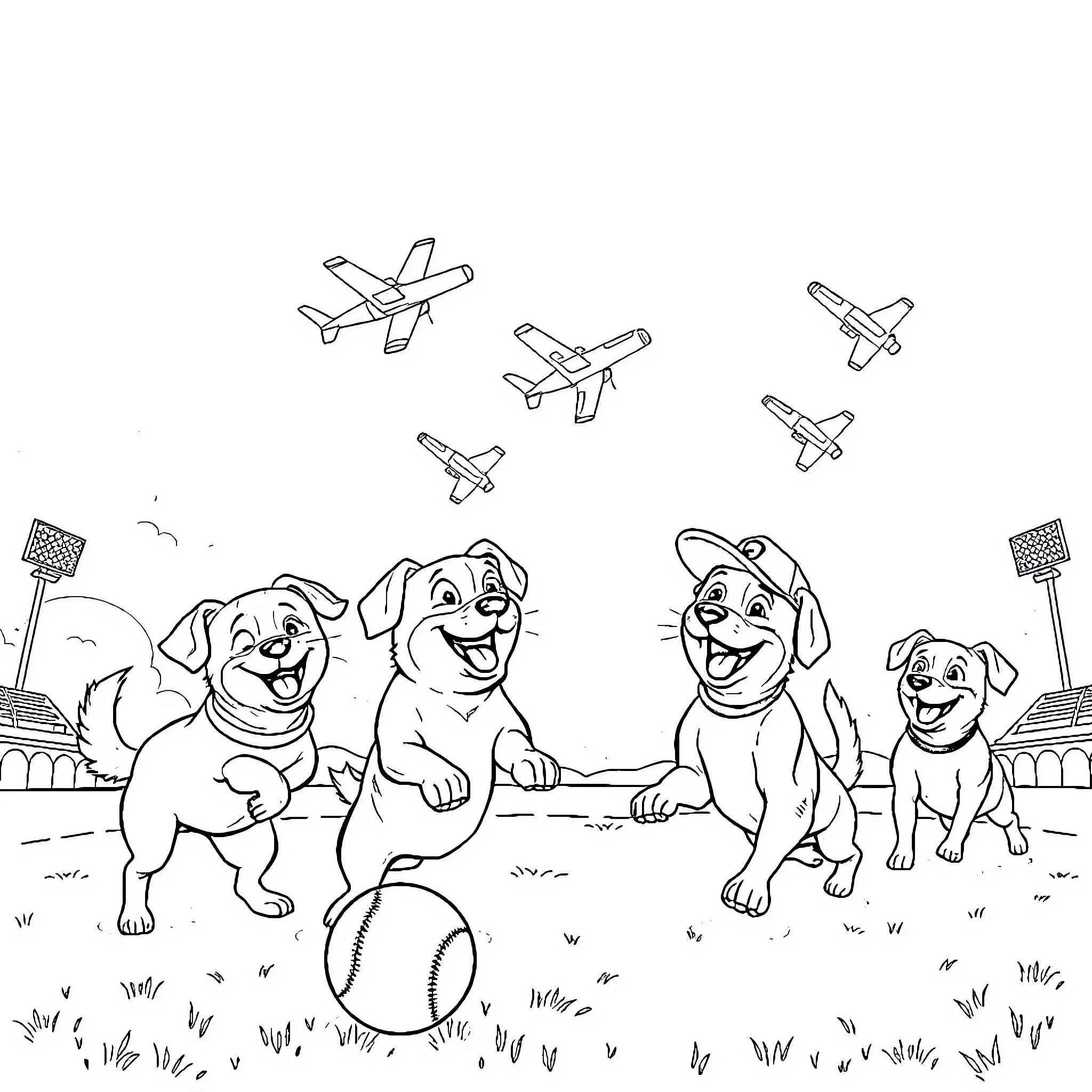 Dog playing happily with friends on the field Coloring Page (free black-and-white line drawing printable PDF for all, from beginners to advanced learners, including children, teens, adults, and seniors)