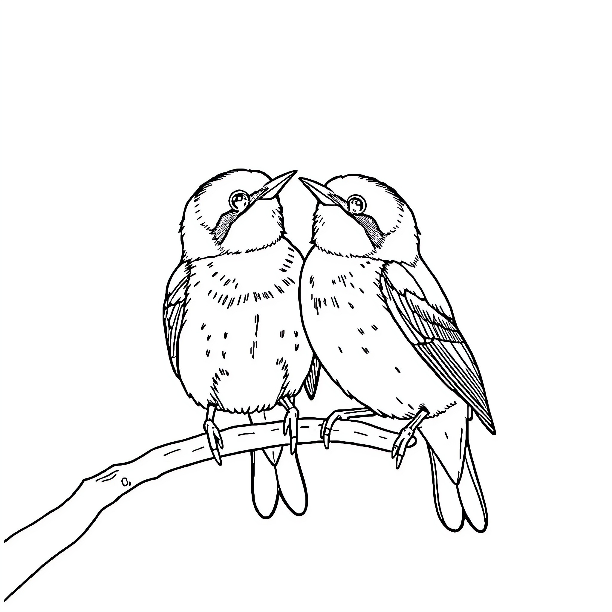Bird friends perched together on a branch Coloring Page (free black-and-white line drawing printable PDF for all, from beginners to advanced learners, including children, teens, adults, and seniors)