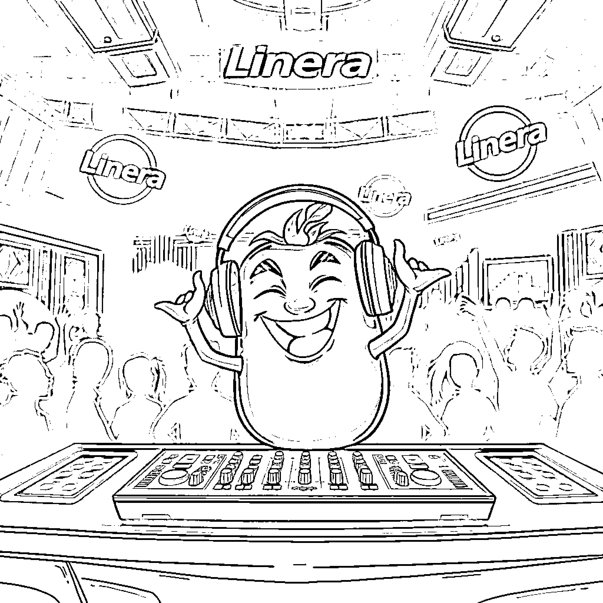 Tomato DJ entertaining the crowd with music Coloring Page (free black-and-white line drawing printable PDF for all, from beginners to advanced learners, including children, teens, adults, and seniors)
