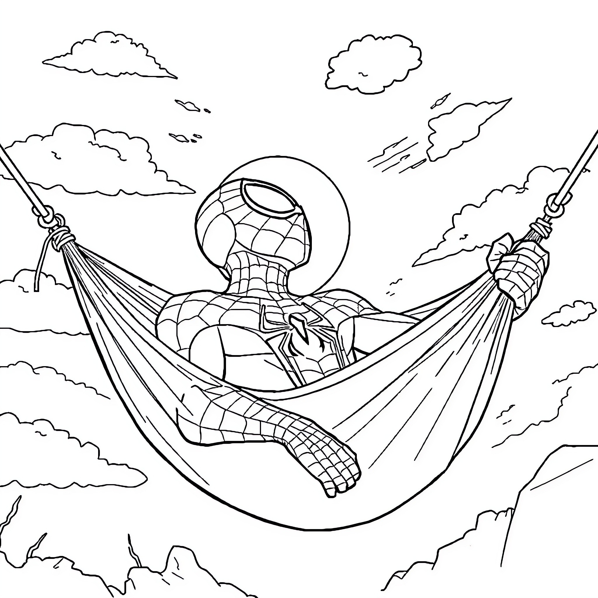 Spiderman relaxing in a hammock amidst the clouds Coloring Page (free black-and-white line drawing printable PDF for all, from beginners to advanced learners, including children, teens, adults, and seniors)