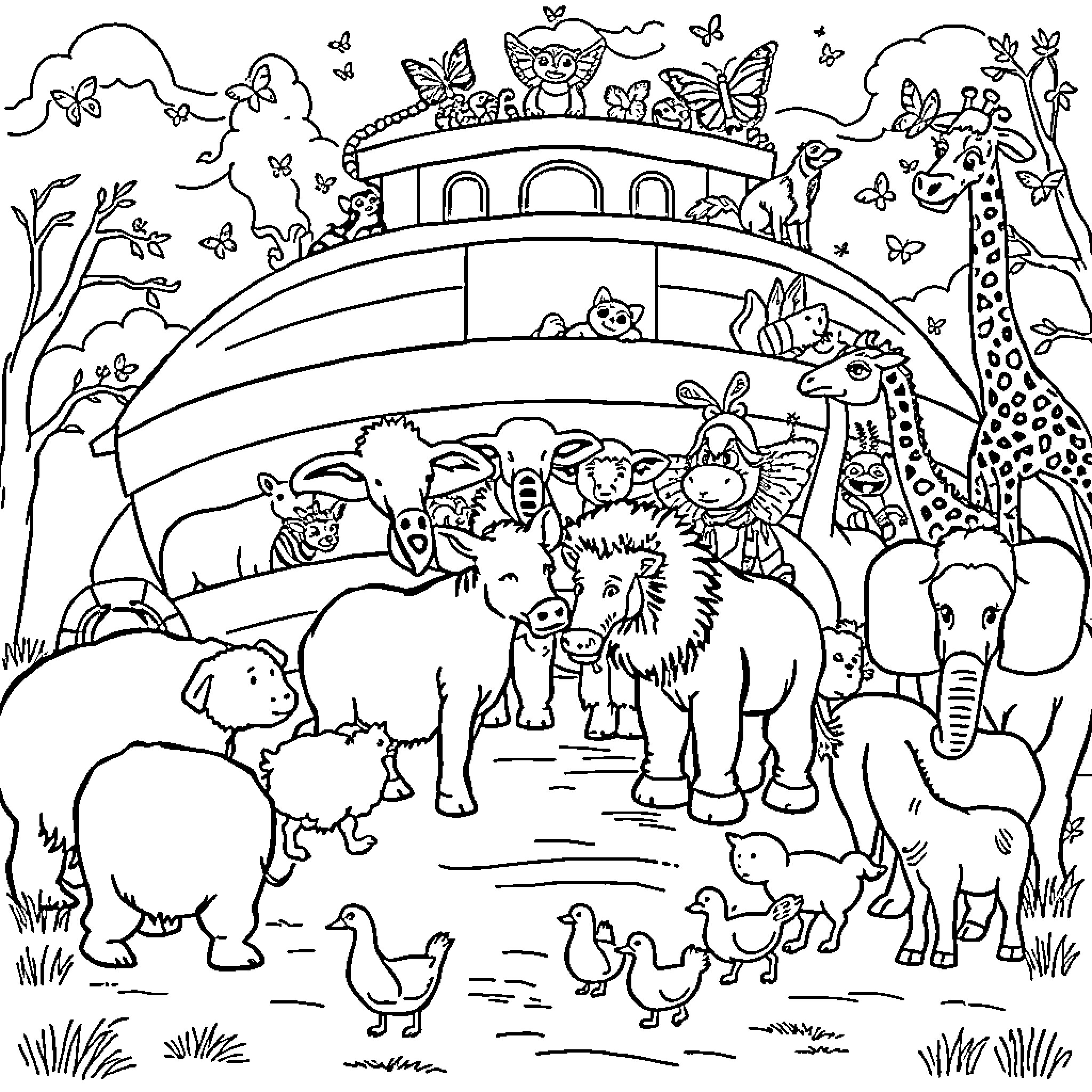 Noah's Ark Filled with Animals and Nature Coloring Page (free black-and-white line drawing printable PDF for all, from beginners to advanced learners, including children, teens, adults, and seniors)