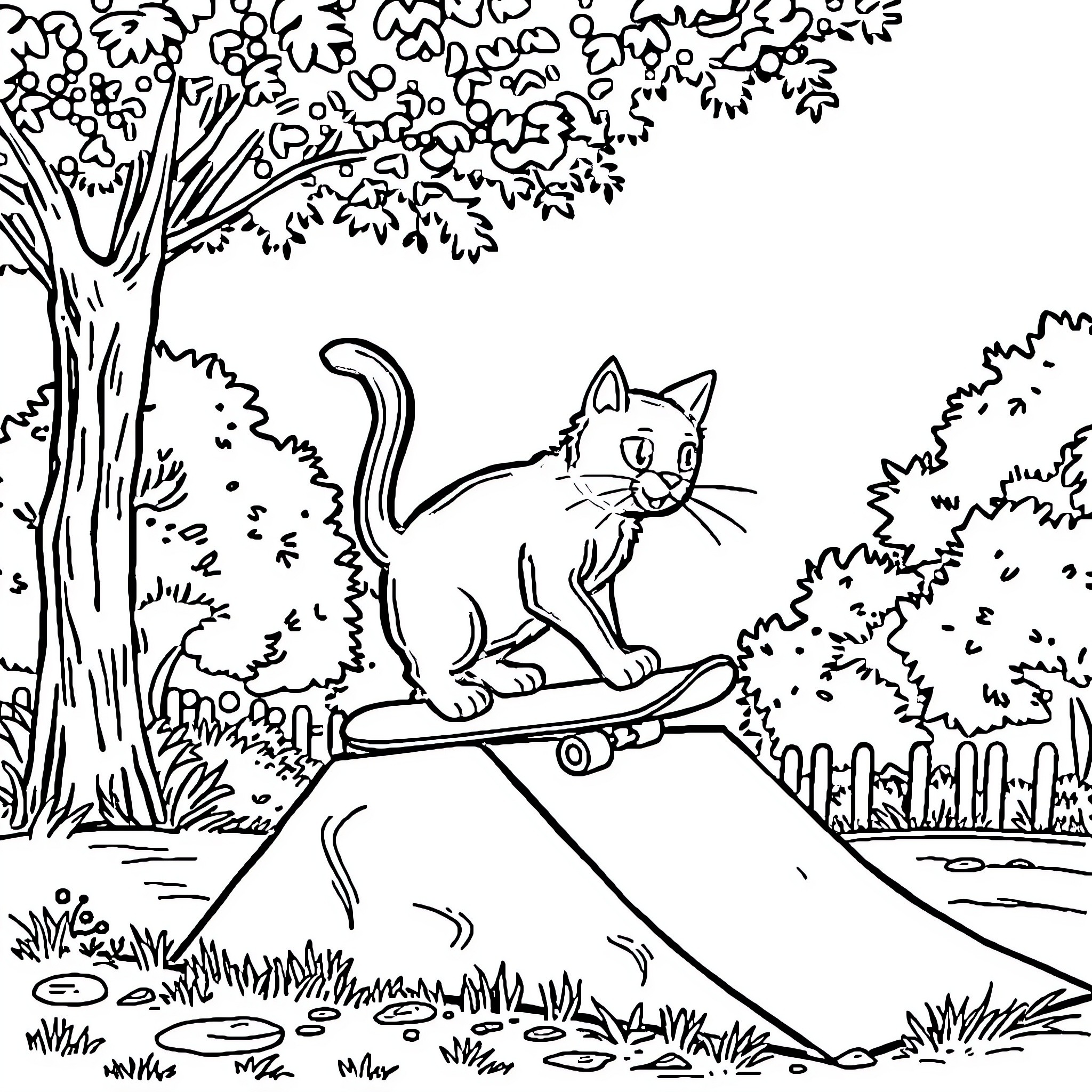 Cat riding skateboard in the park Coloring Page (free black-and-white line drawing printable PDF for all, from beginners to advanced learners, including children, teens, adults, and seniors)