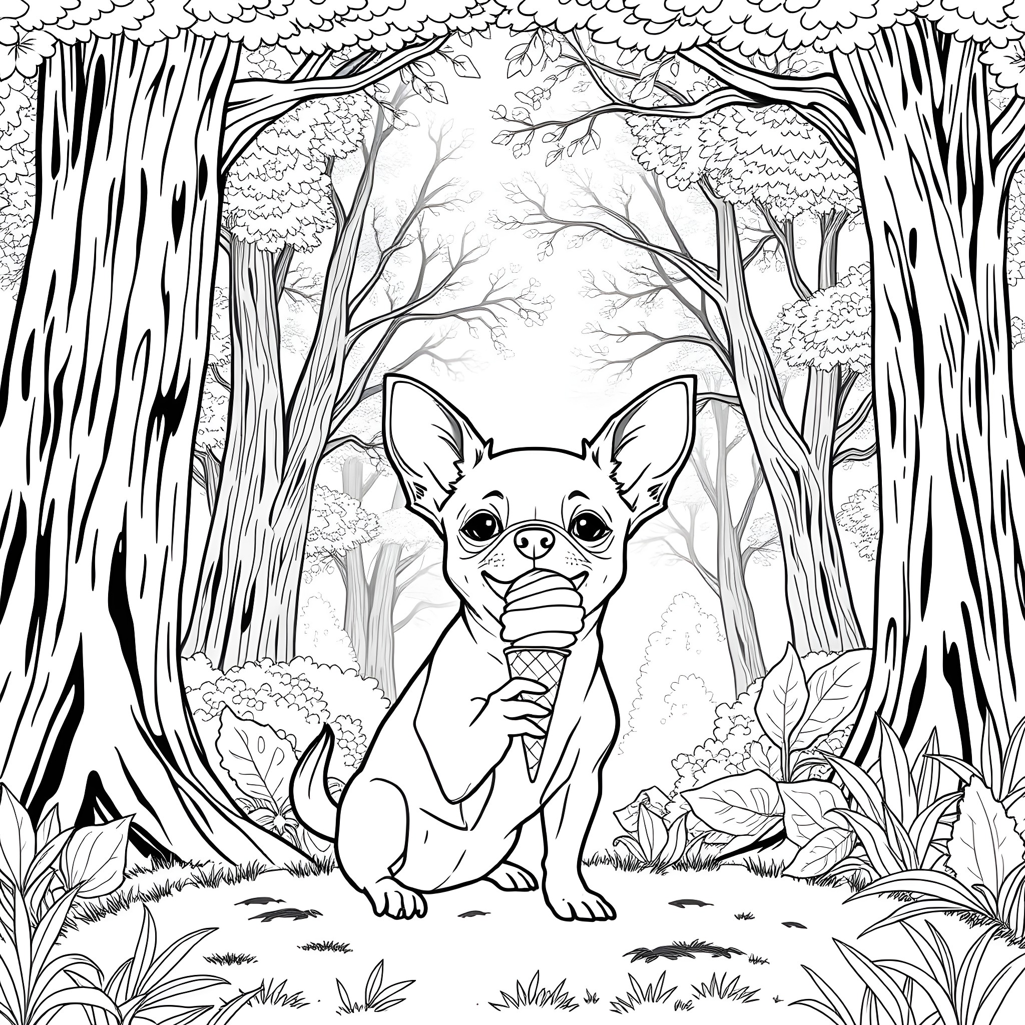 Chihuahua exploring the enchanted forest Coloring Page (free black-and-white line drawing printable PDF for all, from beginners to advanced learners, including children, teens, adults, and seniors)