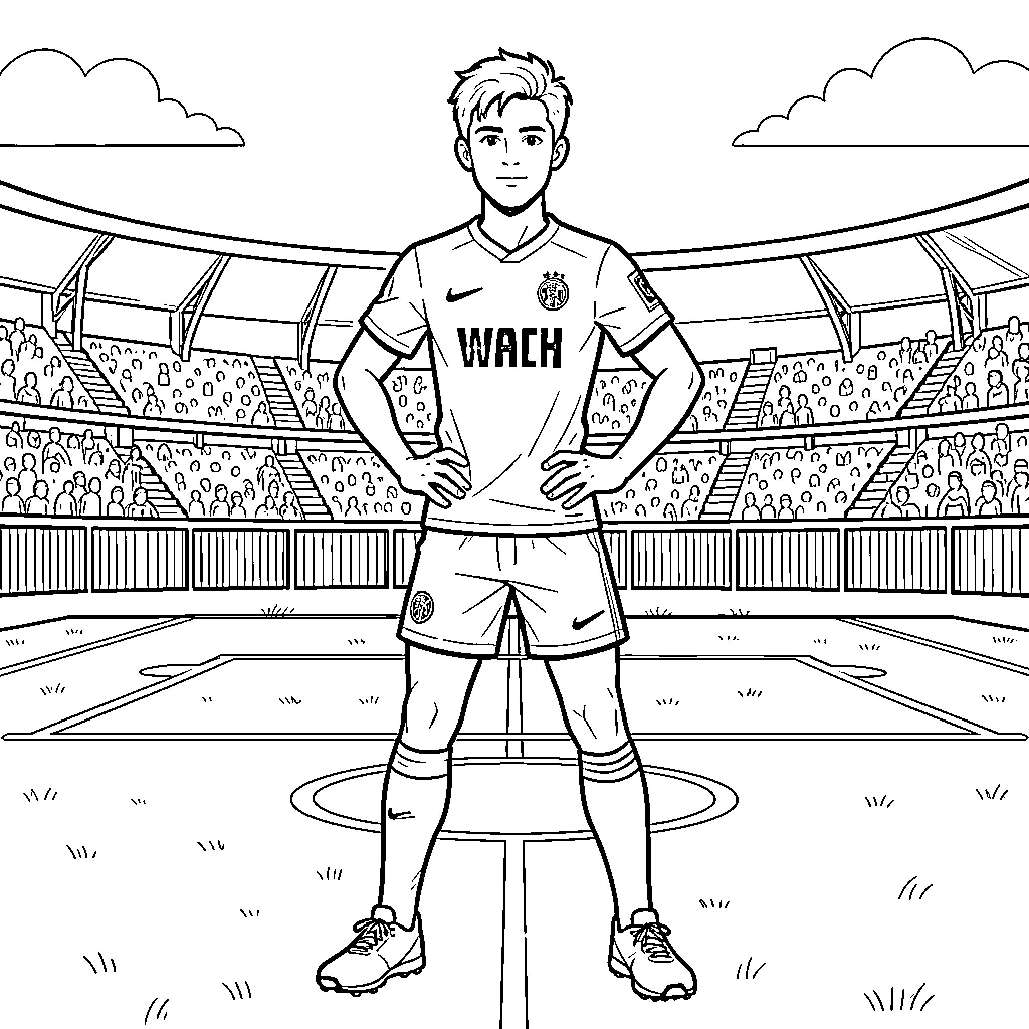 Reece Walsh standing confidently in a soccer stadium Coloring Page (free black-and-white line drawing printable PDF for all, from beginners to advanced learners, including children, teens, adults, and seniors)
