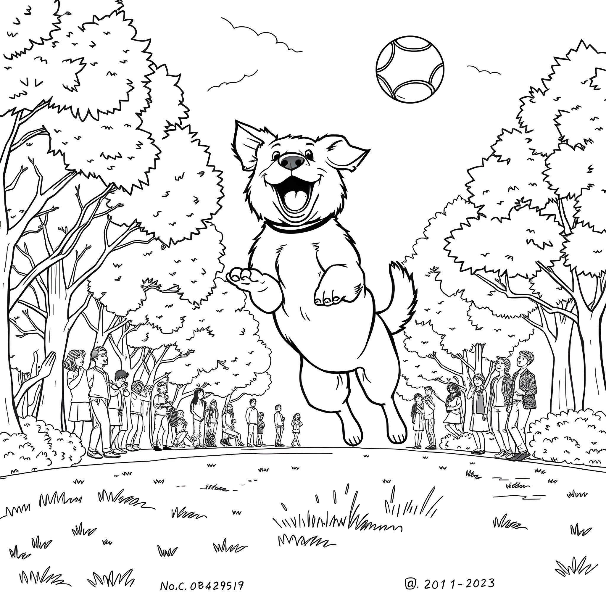 Dog playing joyfully with a ball in the park Coloring Page (free black-and-white line drawing printable PDF for all, from beginners to advanced learners, including children, teens, adults, and seniors)
