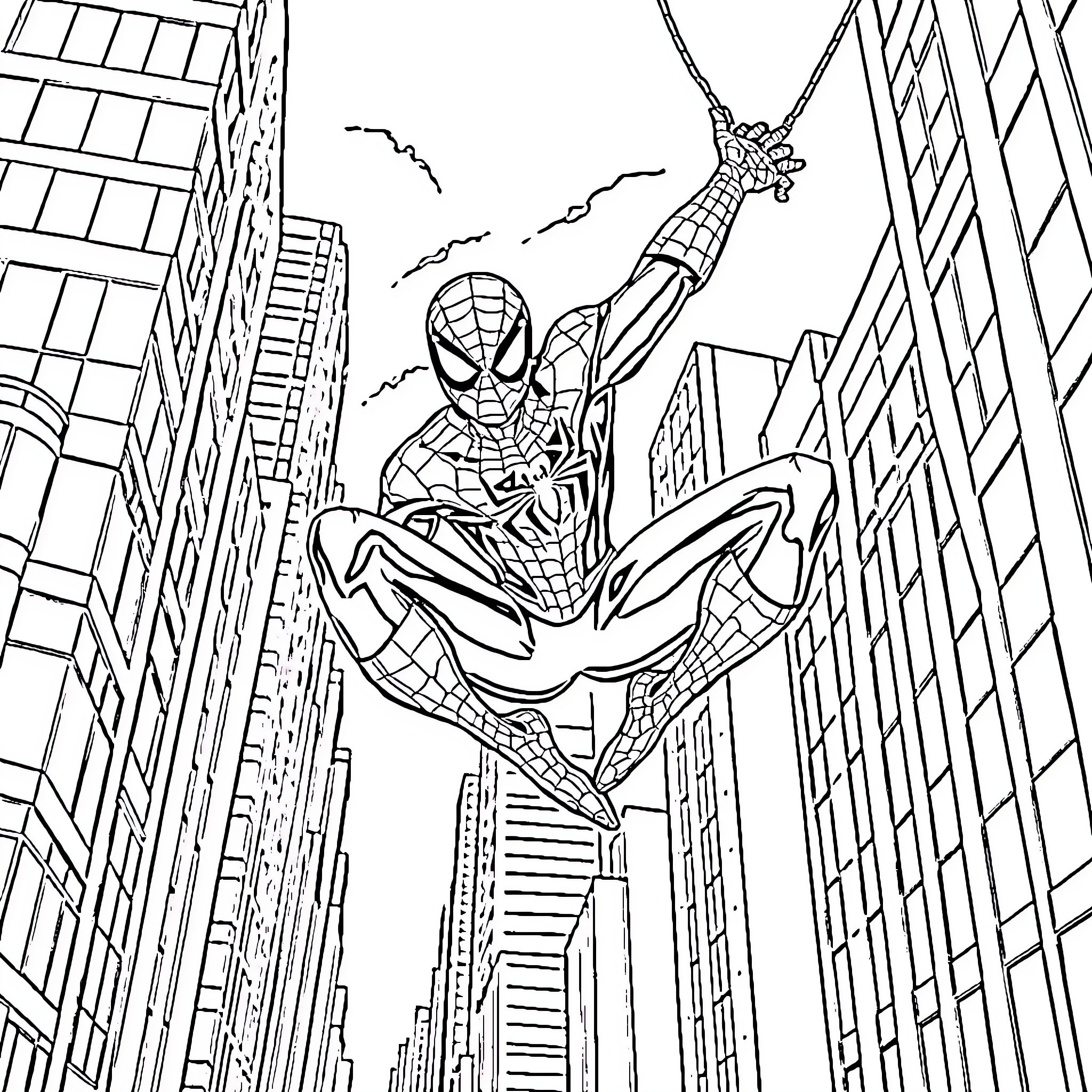 Spiderman swinging through the city skyscrapers Coloring Page (free black-and-white line drawing printable PDF for all, from beginners to advanced learners, including children, teens, adults, and seniors)