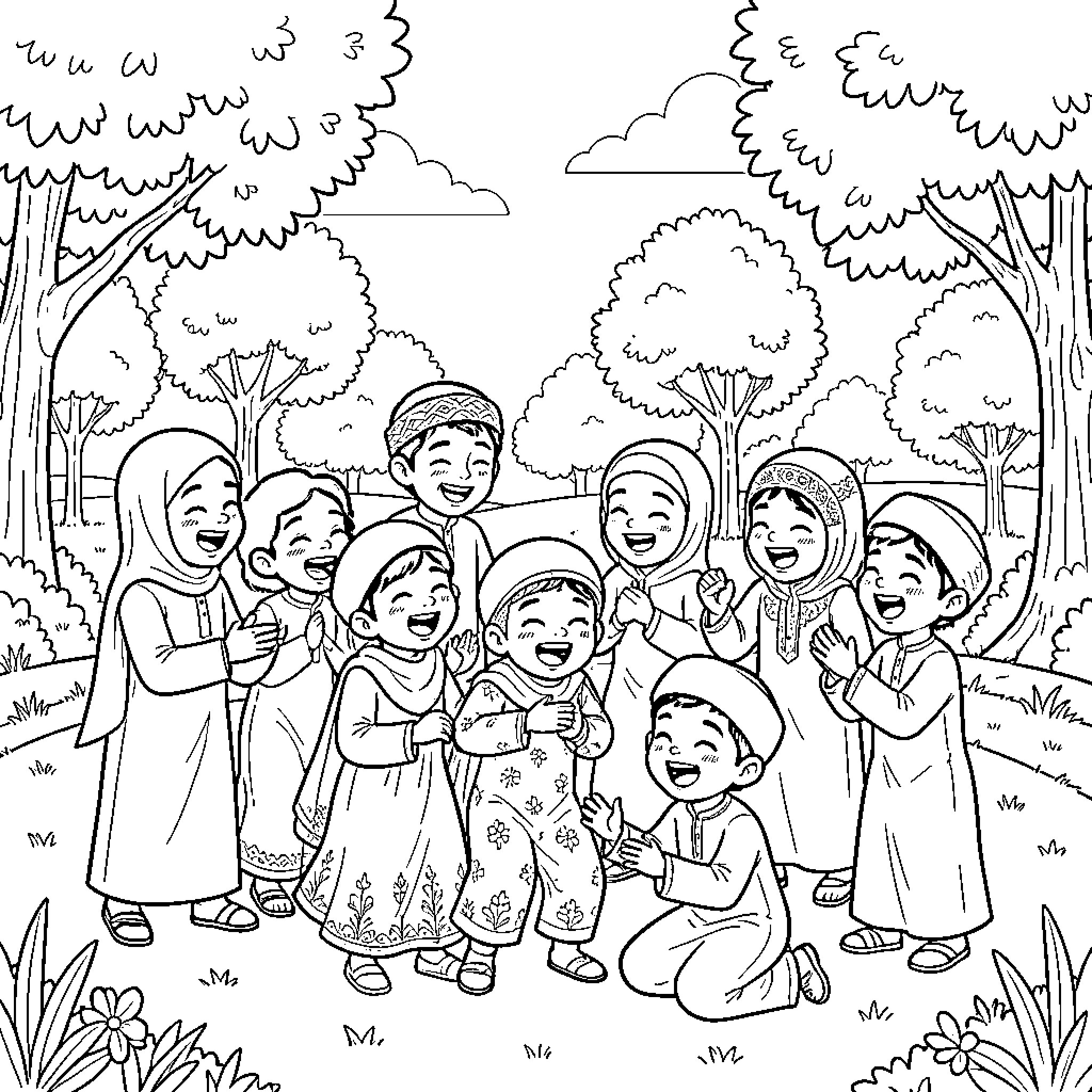 Kid group laughing and celebrating in a forest Coloring Page (free black-and-white line drawing printable PDF for all, from beginners to advanced learners, including children, teens, adults, and seniors)