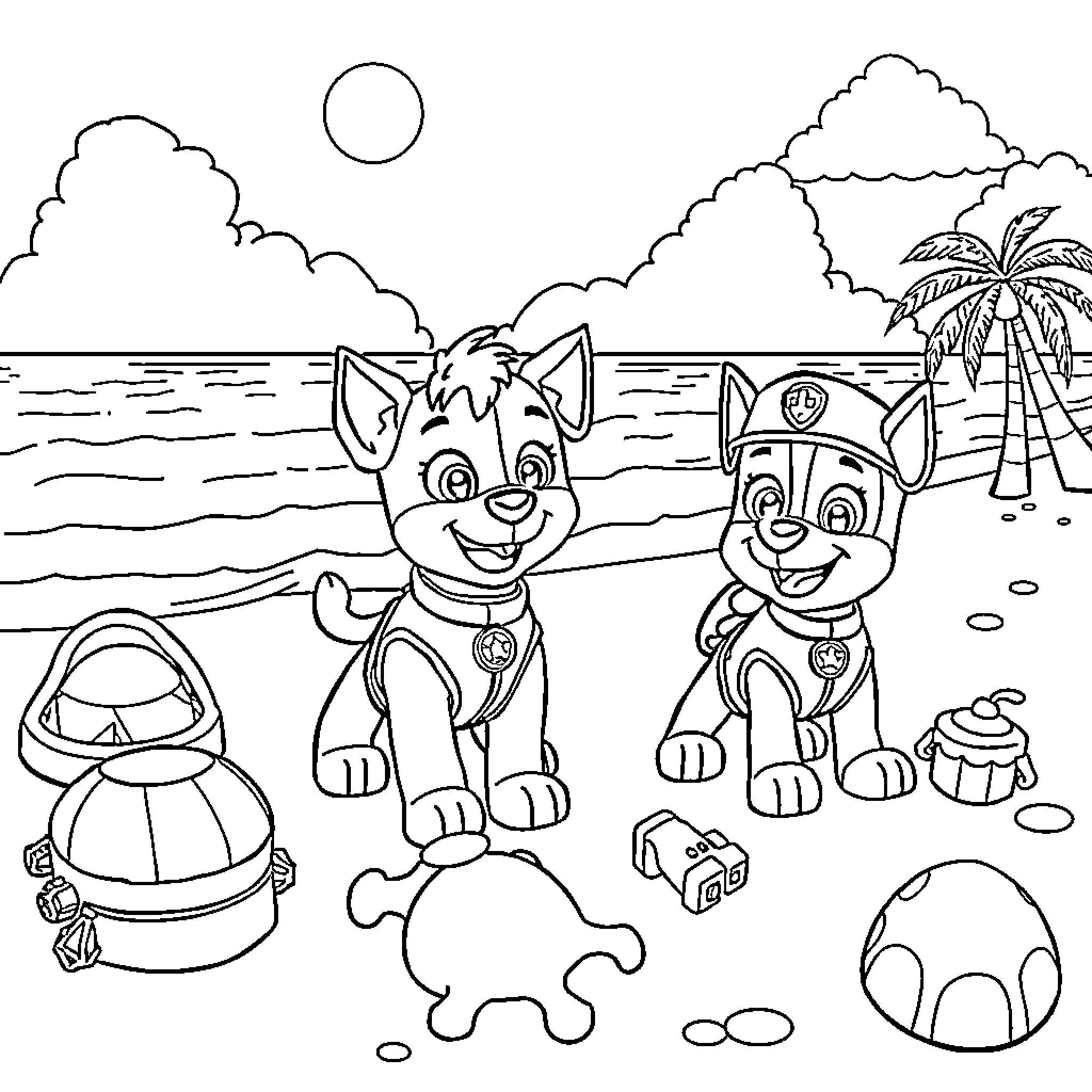 Paw Patrol Pups Enjoying Beach Adventure Coloring Page (free black-and-white line drawing printable PDF for all, from beginners to advanced learners, including children, teens, adults, and seniors)