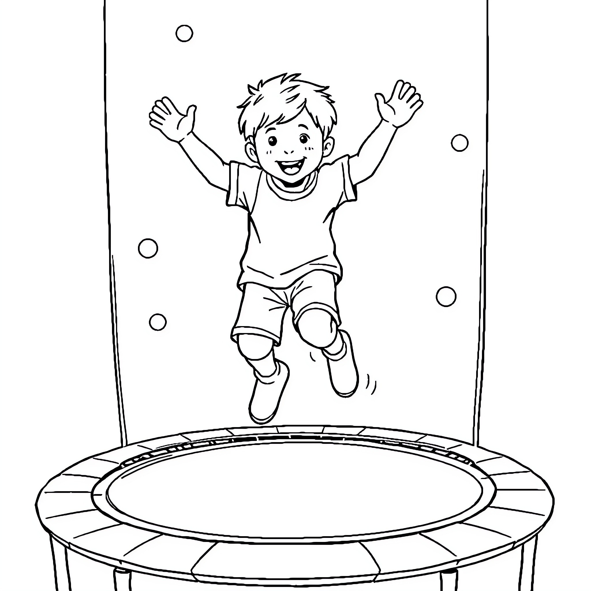 Niño jumping joyfully on trampoline Coloring Page (free black-and-white line drawing printable PDF for all, from beginners to advanced learners, including children, teens, adults, and seniors)