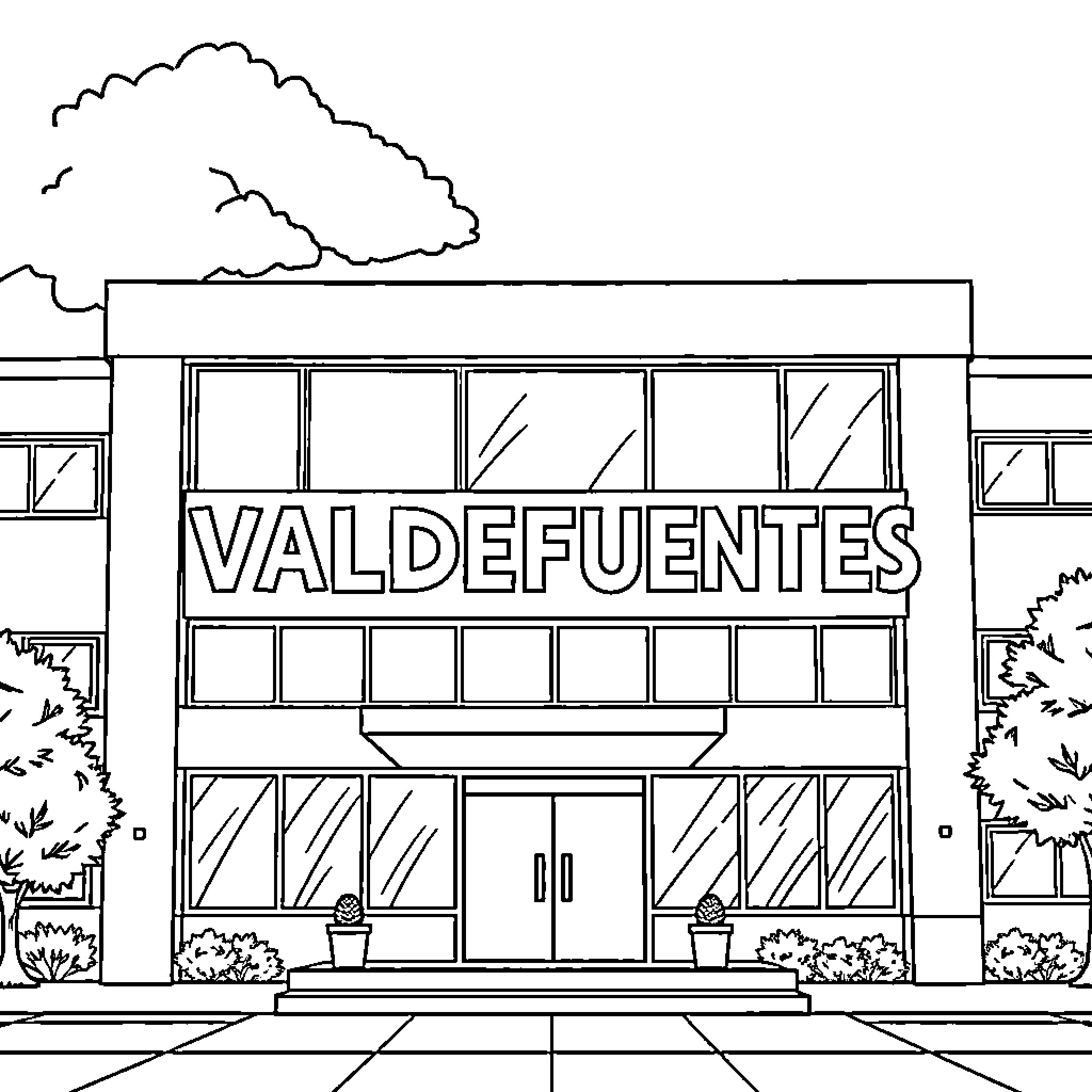 School building with signage Coloring Page (free black-and-white line drawing printable PDF for all, from beginners to advanced learners, including children, teens, adults, and seniors)