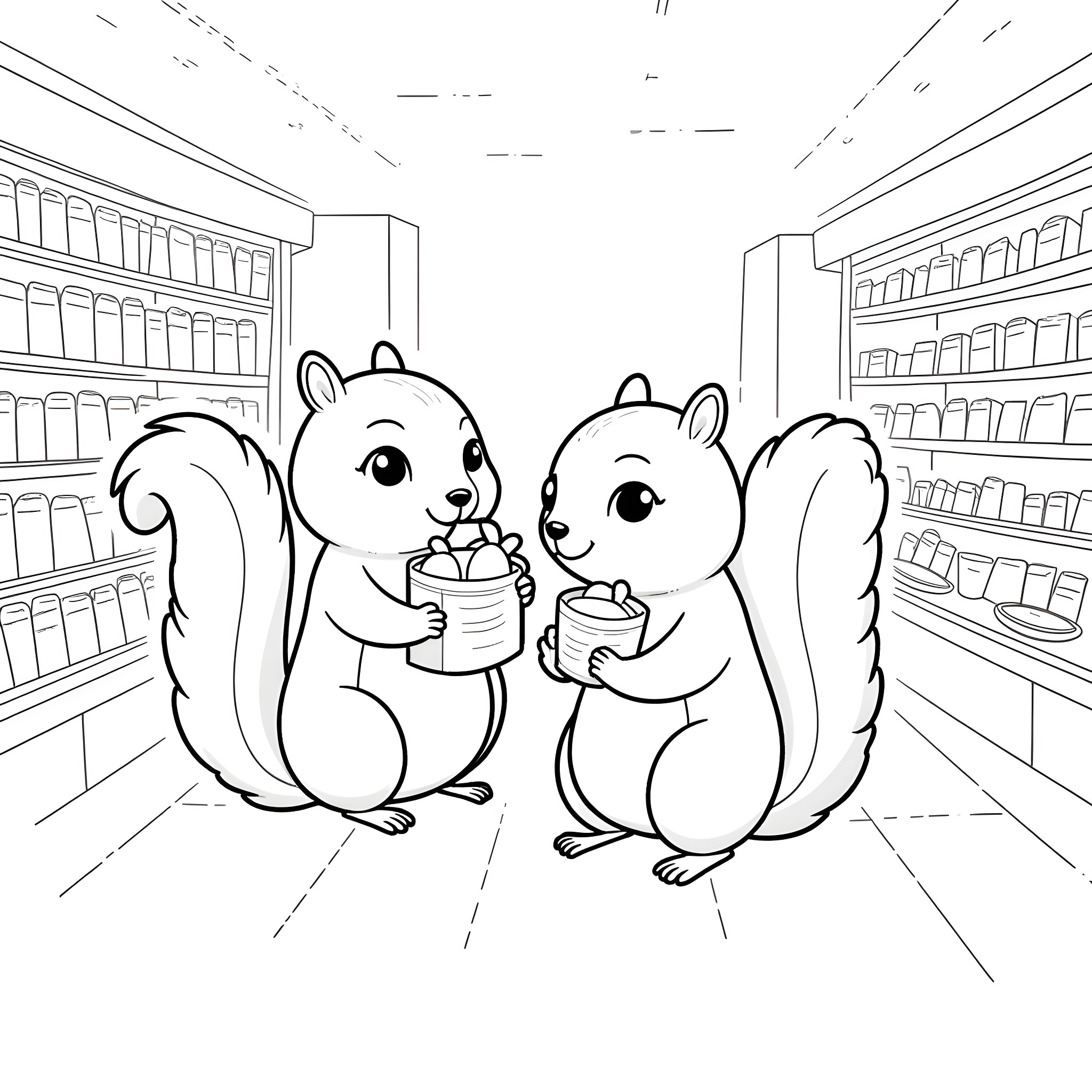 Squirrels shopping for snacks in the grocery store Coloring Page (free black-and-white line drawing printable PDF for all, from beginners to advanced learners, including children, teens, adults, and seniors)