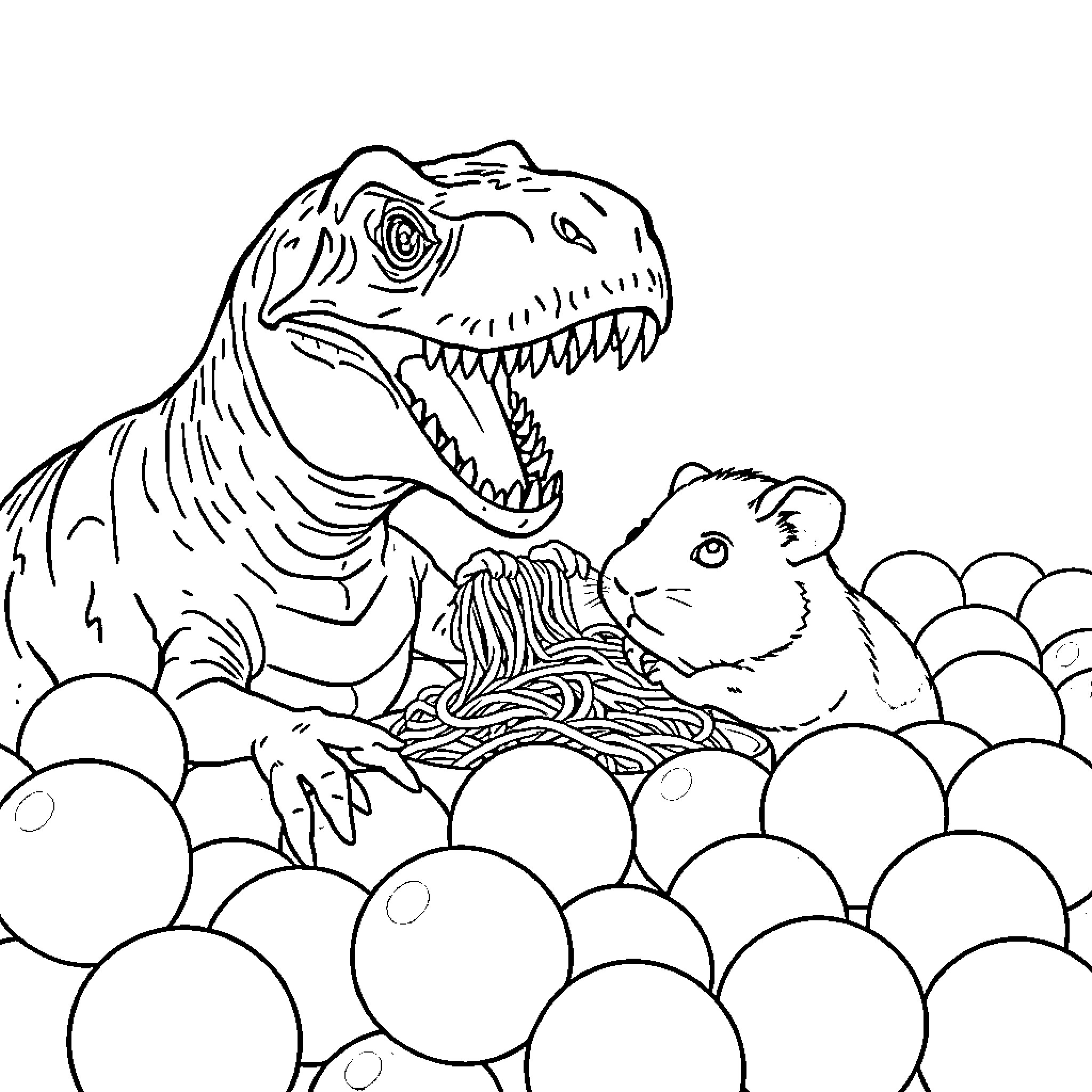 T-Rex chasing playful guinea pig in prehistoric setting Coloring Page (free black-and-white line drawing printable PDF for all, from beginners to advanced learners, including children, teens, adults, and seniors)