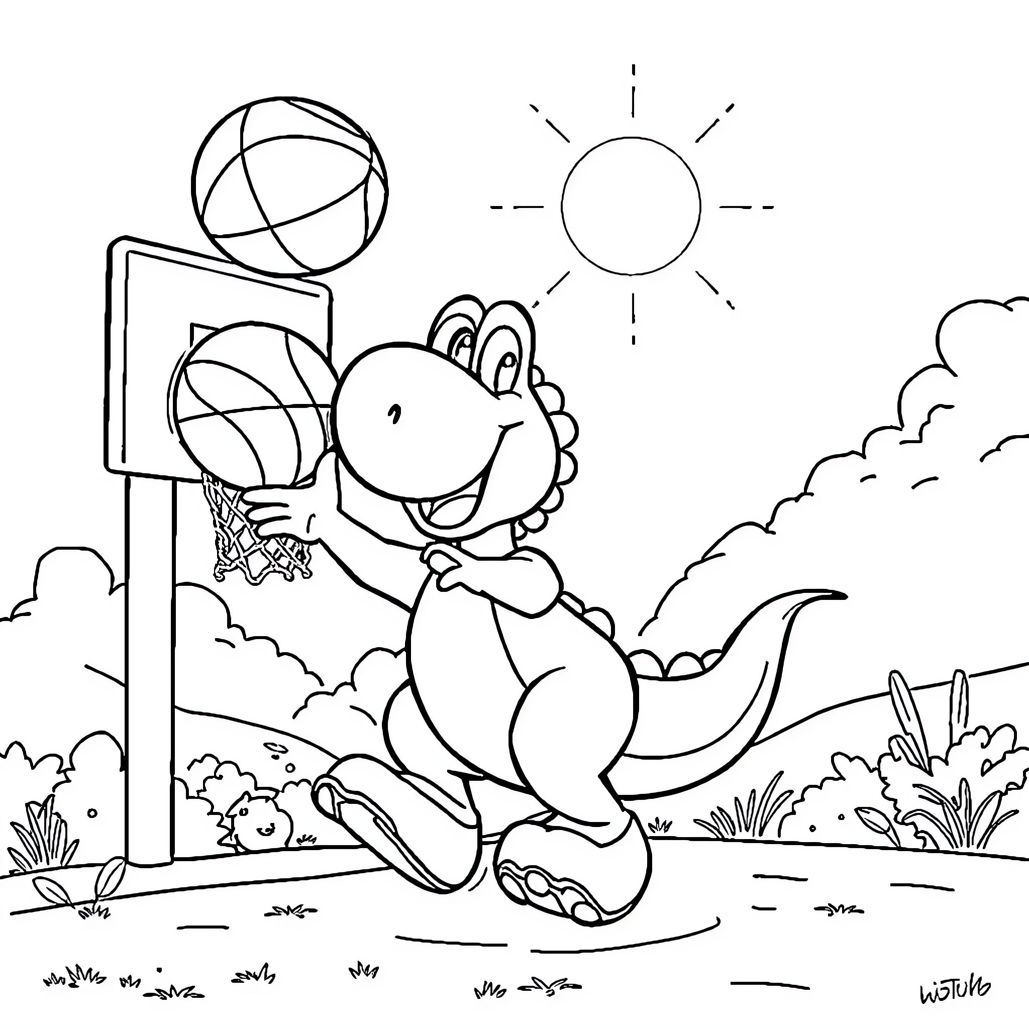 Yoshi playing basketball in the sunny park Coloring Page (free black-and-white line drawing printable PDF for all, from beginners to advanced learners, including children, teens, adults, and seniors)
