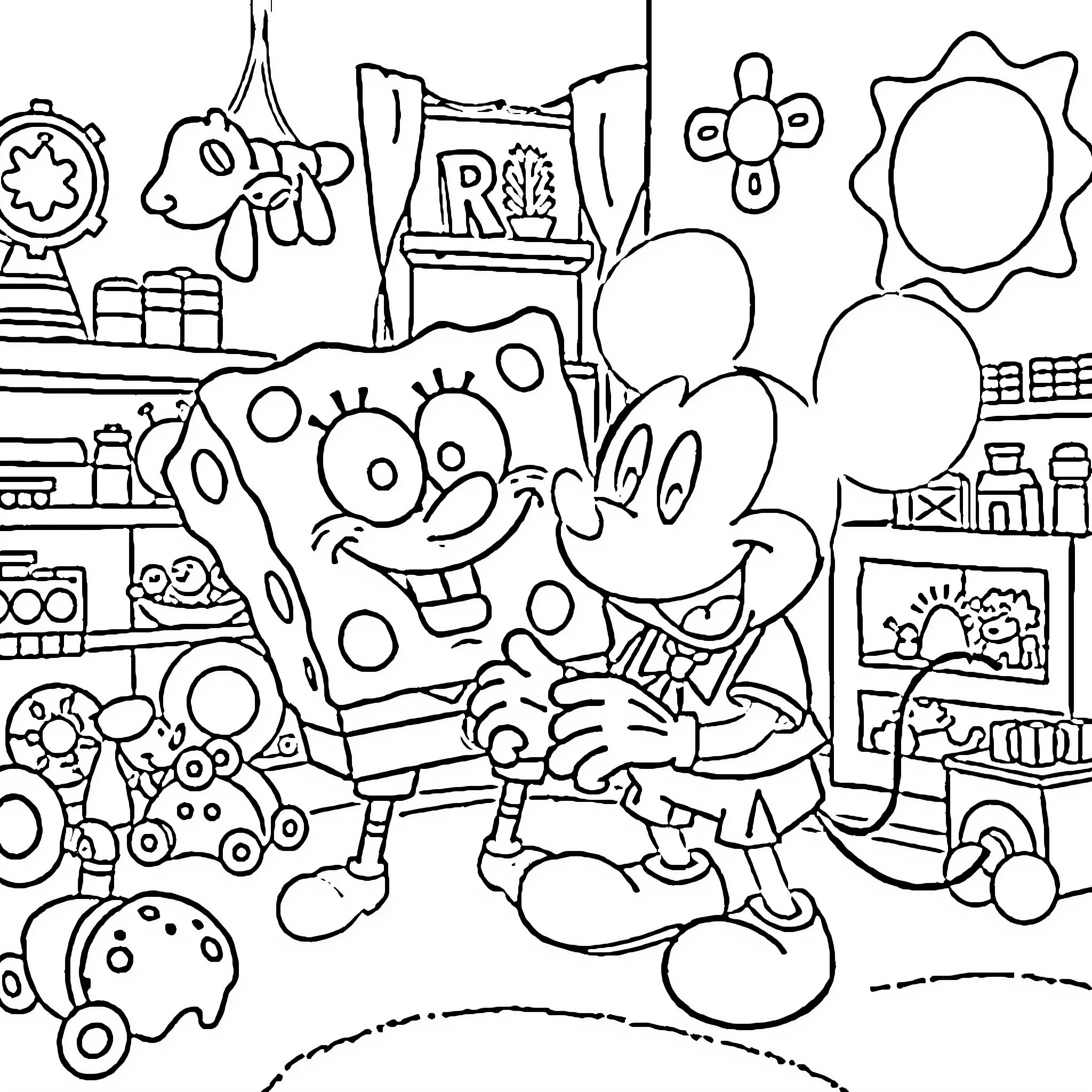 Bob Sponge and Friends Playing in a Colorful Cartoon World Coloring Page (free black-and-white line drawing printable PDF for all, from beginners to advanced learners, including children, teens, adults, and seniors)