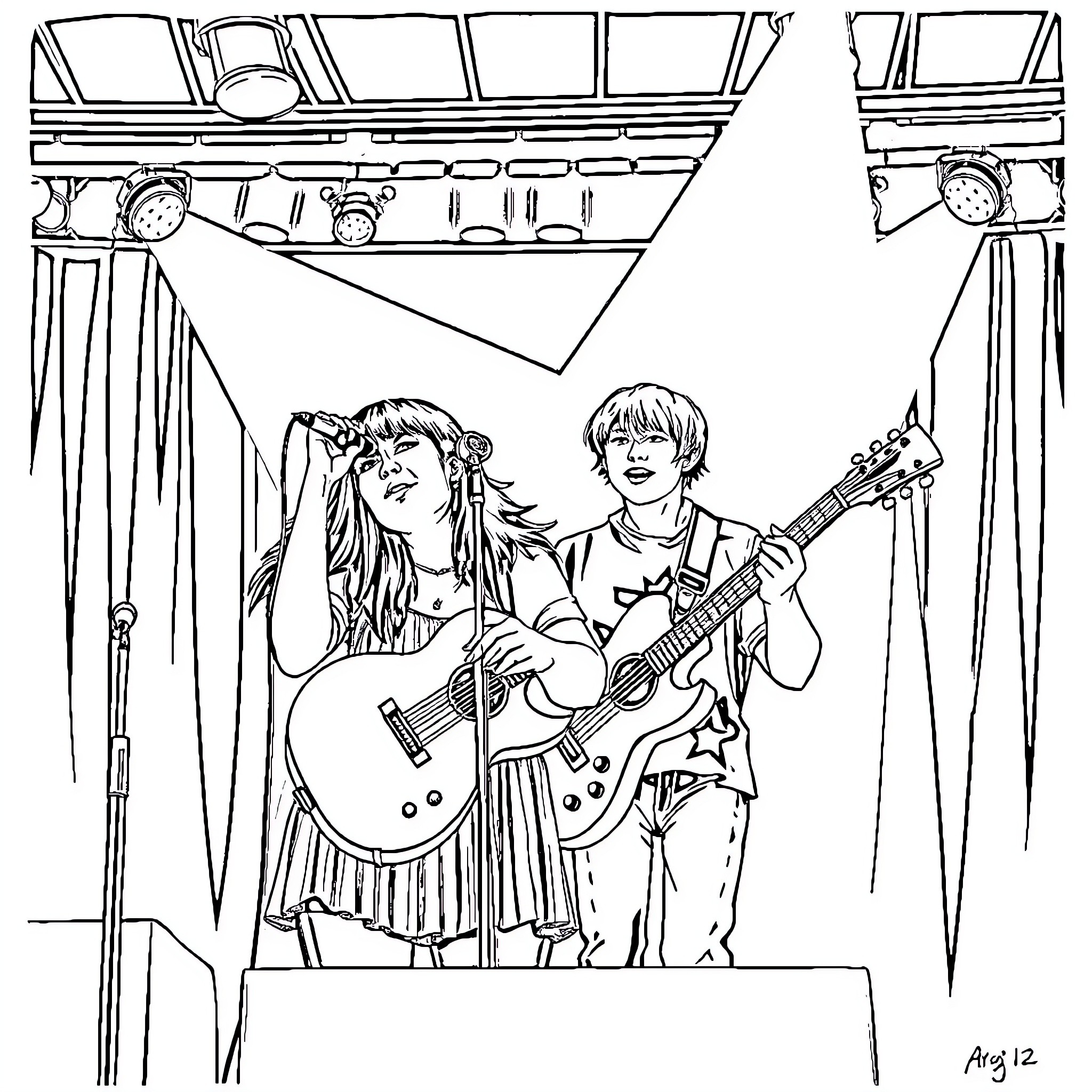 Billie Eilish and bandmate performing on stage Coloring Page (free black-and-white line drawing printable PDF for all, from beginners to advanced learners, including children, teens, adults, and seniors)