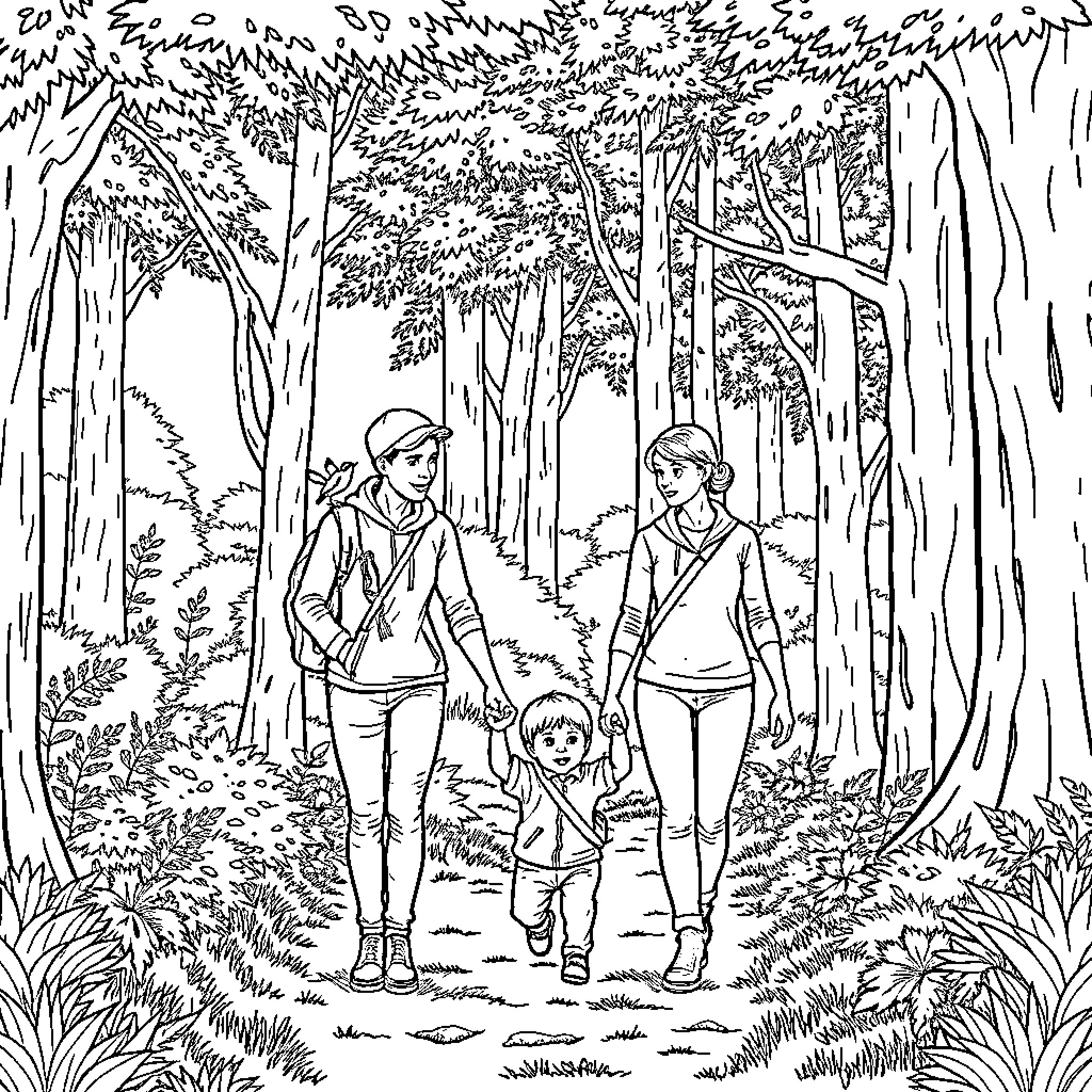 Family Hiking in the Lush Forest Coloring Page (free black-and-white line drawing printable PDF for all, from beginners to advanced learners, including children, teens, adults, and seniors)