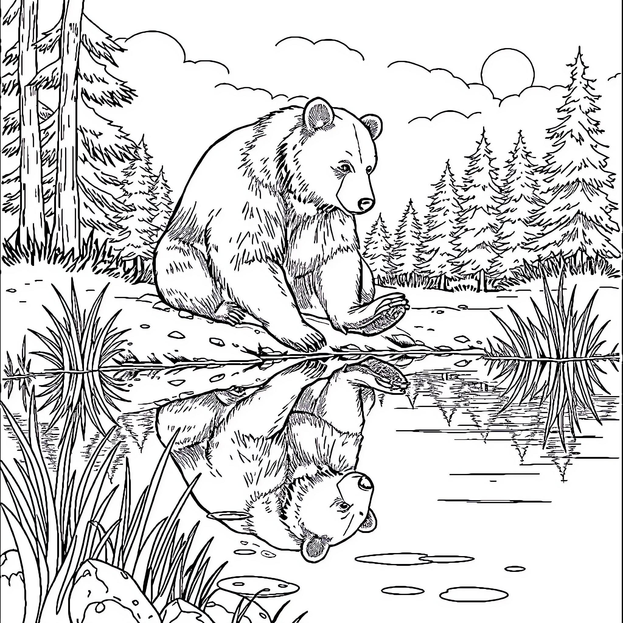 Bear resting peacefully by the serene lake Coloring Page (free black-and-white line drawing printable PDF for all, from beginners to advanced learners, including children, teens, adults, and seniors)