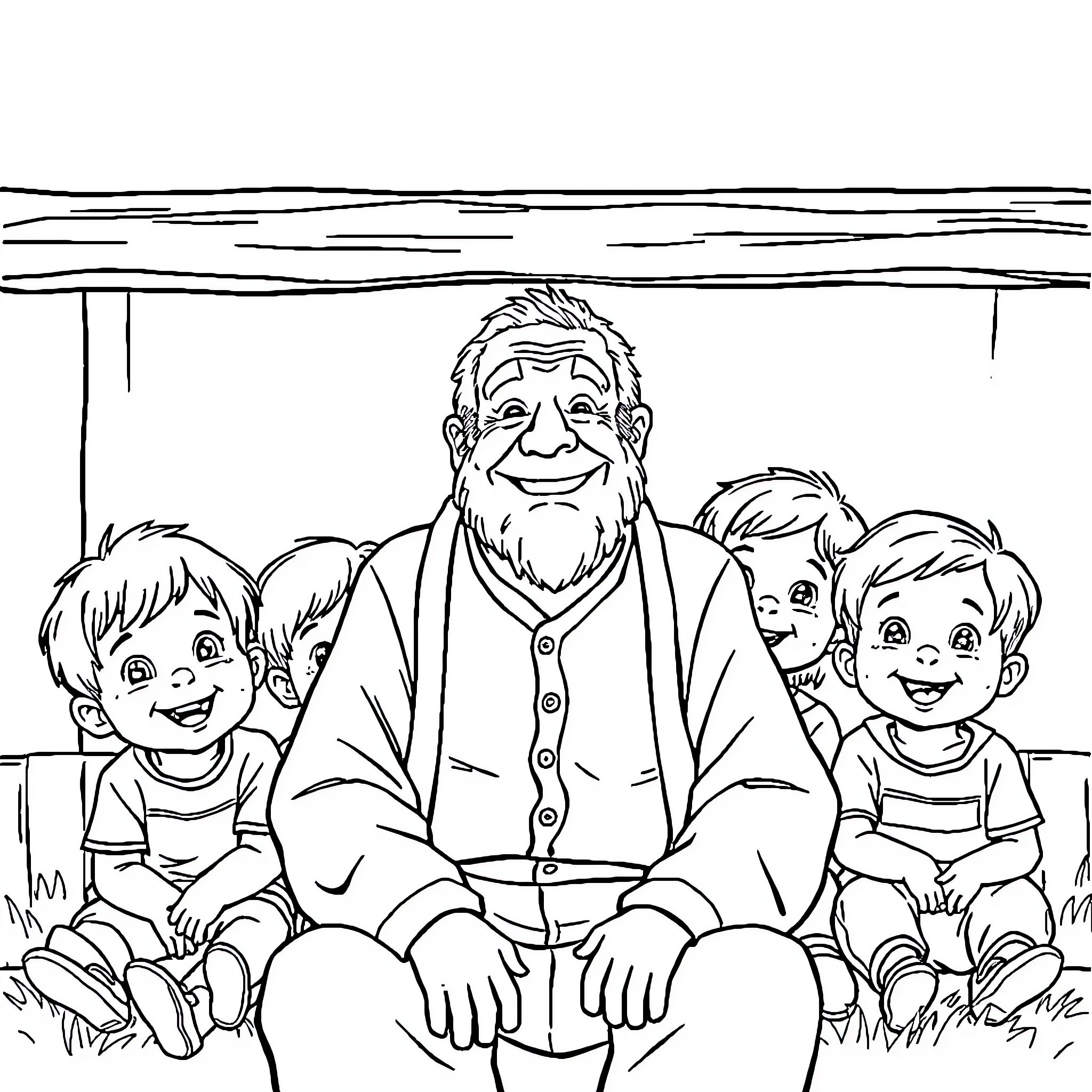 Man sitting with happy children in the park Coloring Page (free black-and-white line drawing printable PDF for all, from beginners to advanced learners, including children, teens, adults, and seniors)