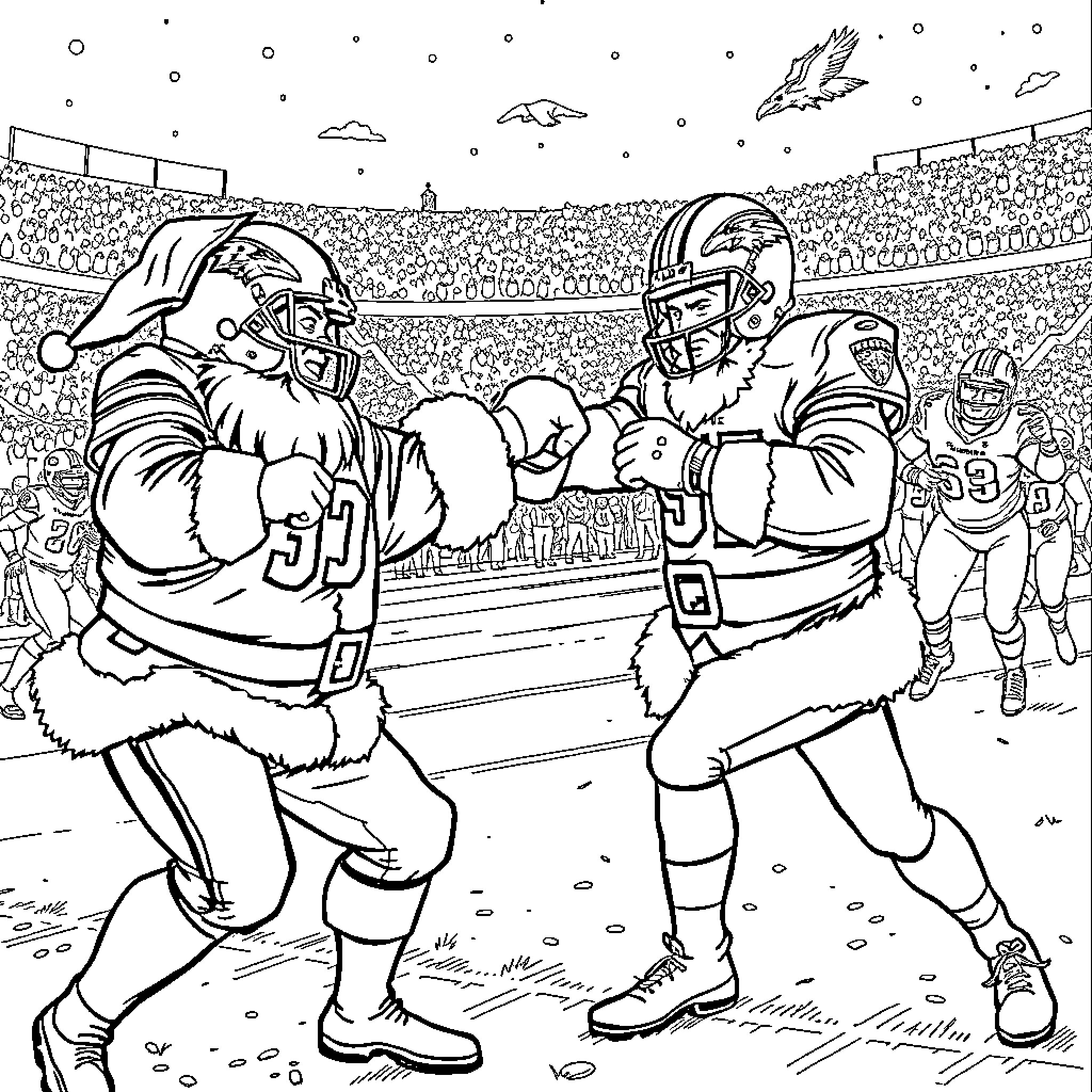 Santa's Football Showdown in the Stadium Coloring Page (free black-and-white line drawing printable PDF for all, from beginners to advanced learners, including children, teens, adults, and seniors)