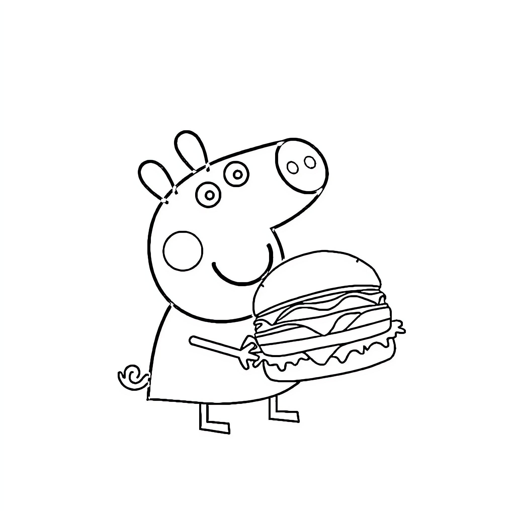 Peppa Pig enjoying a delicious sandwich Coloring Page (free black-and-white line drawing printable PDF for all, from beginners to advanced learners, including children, teens, adults, and seniors)