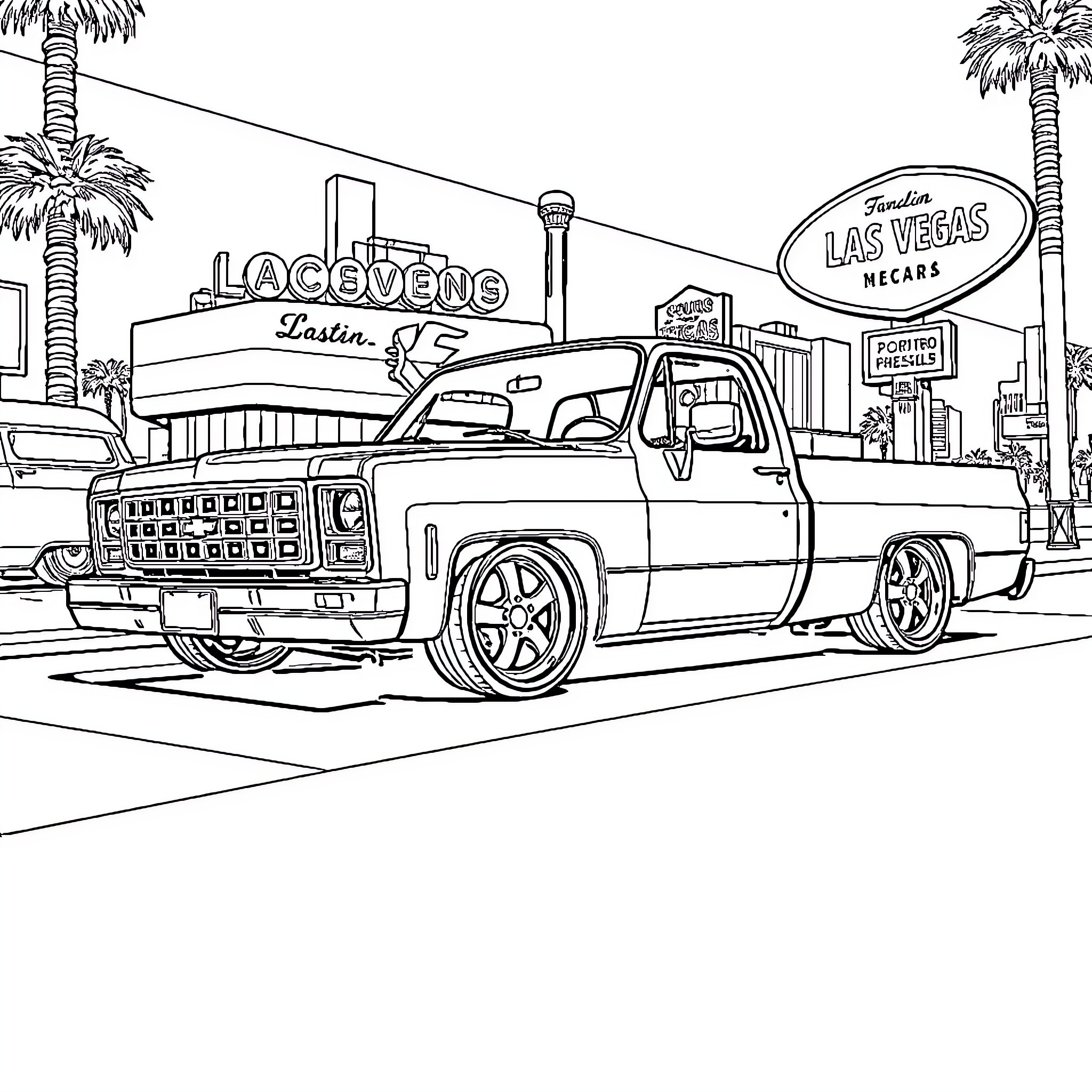 Chevy Pickup Truck on Las Vegas Strip Coloring Page (free black-and-white line drawing printable PDF for all, from beginners to advanced learners, including children, teens, adults, and seniors)