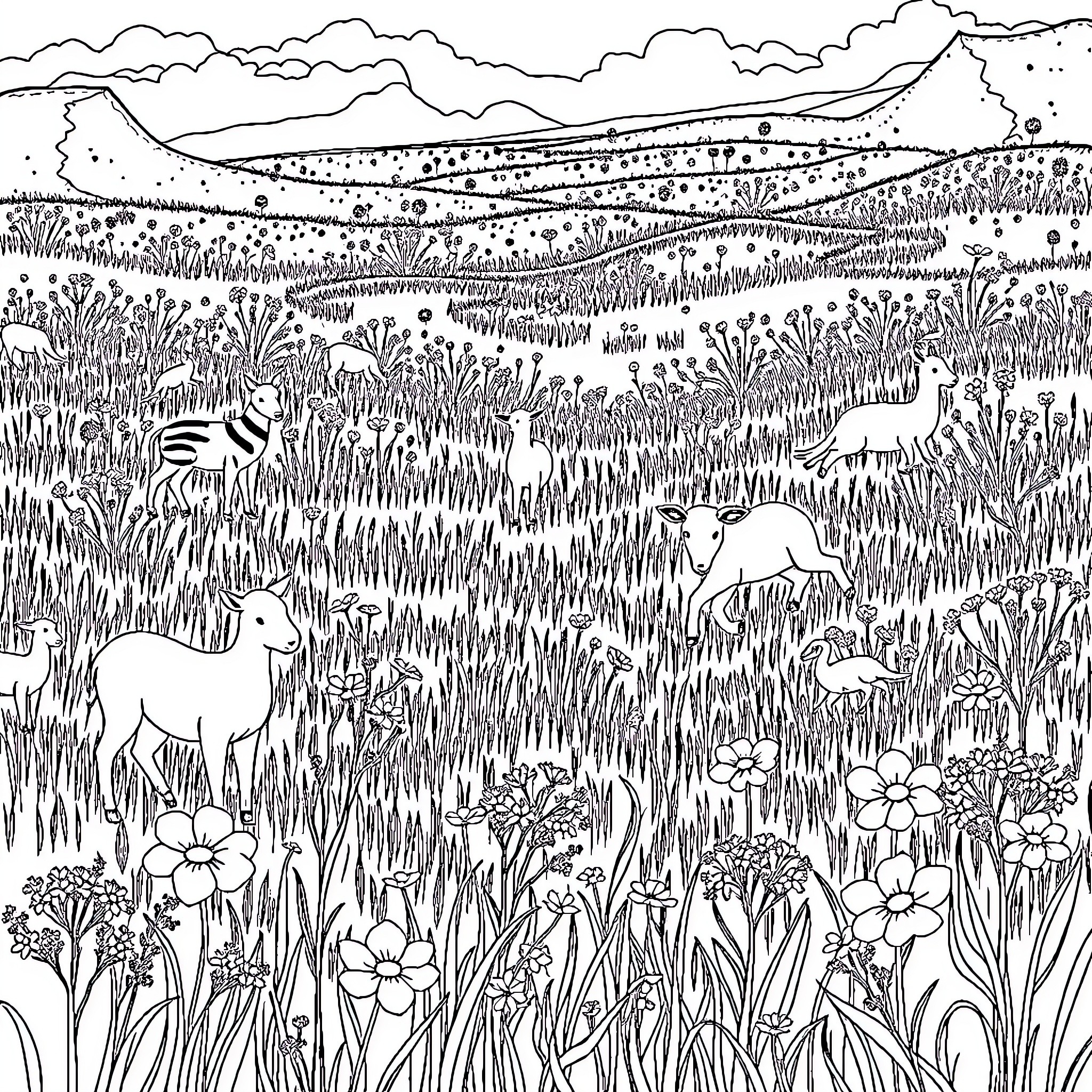 Animal Herd of Rhinos Grazing in Floral Meadow Coloring Page (free black-and-white line drawing printable PDF for all, from beginners to advanced learners, including children, teens, adults, and seniors)