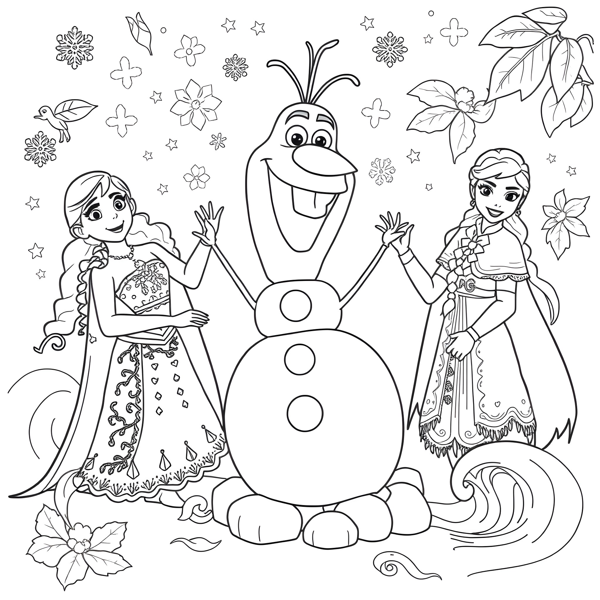 Olaf having fun with Anna and Elsa in the winter wonderland Coloring Page (free black-and-white line drawing printable PDF for all, from beginners to advanced learners, including children, teens, adults, and seniors)