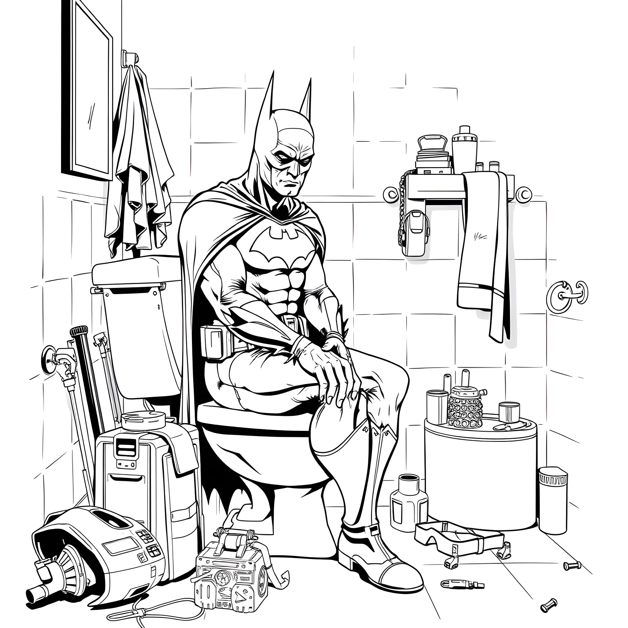 Batman resting in a messy batcave Coloring Page (free black-and-white line drawing printable PDF for all, from beginners to advanced learners, including children, teens, adults, and seniors)