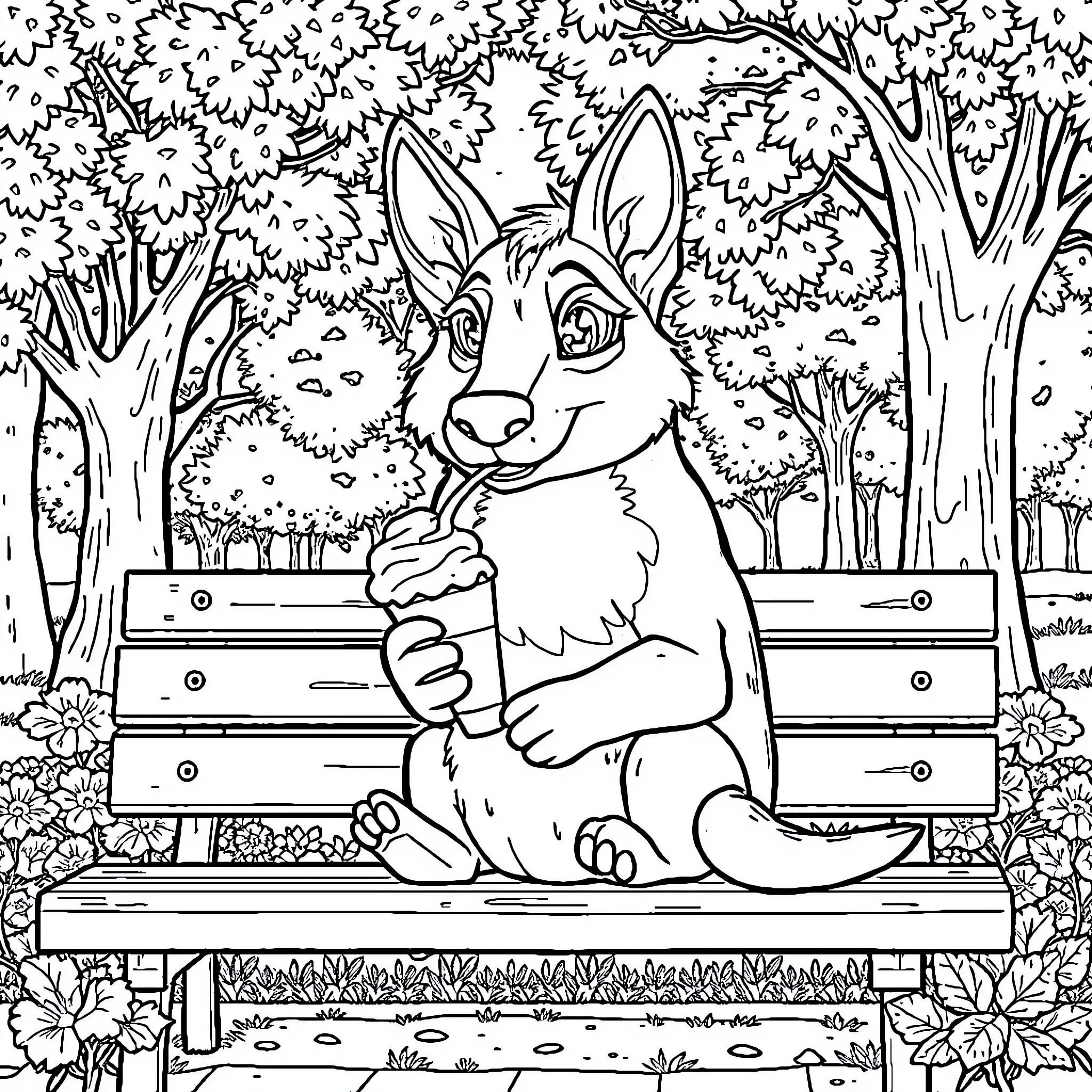Perro descansando en un banco en el parque Coloring Page (free black-and-white line drawing printable PDF for all, from beginners to advanced learners, including children, teens, adults, and seniors)