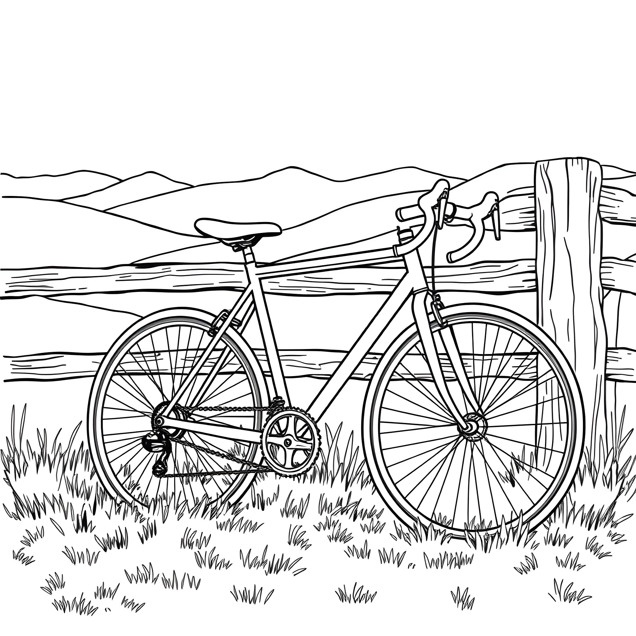 Bike Parked in Peaceful Mountain Landscape Coloring Page (free black-and-white line drawing printable PDF for all, from beginners to advanced learners, including children, teens, adults, and seniors)