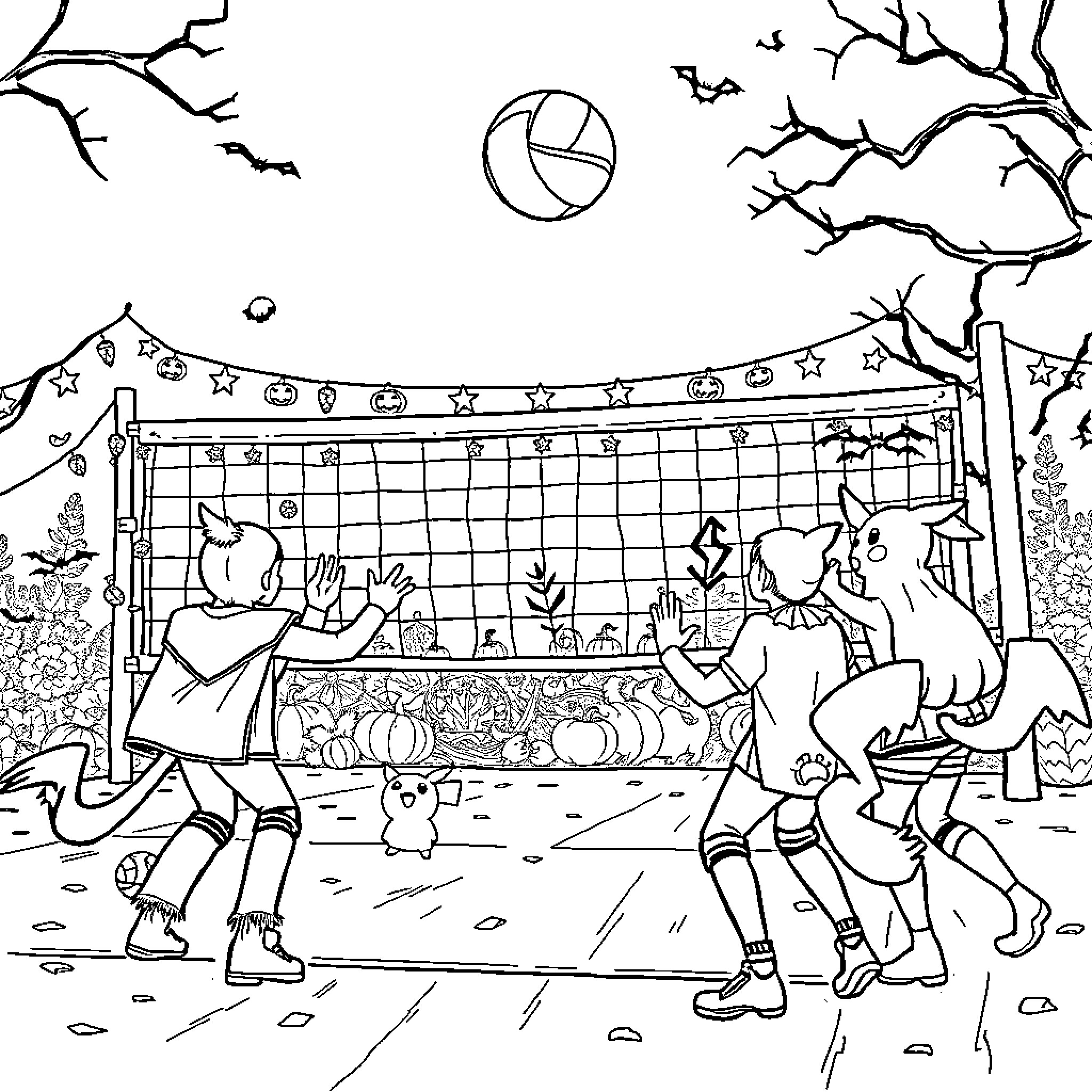 Pokémon characters playing volleyball in autumn setting Coloring Page (free black-and-white line drawing printable PDF for all, from beginners to advanced learners, including children, teens, adults, and seniors)