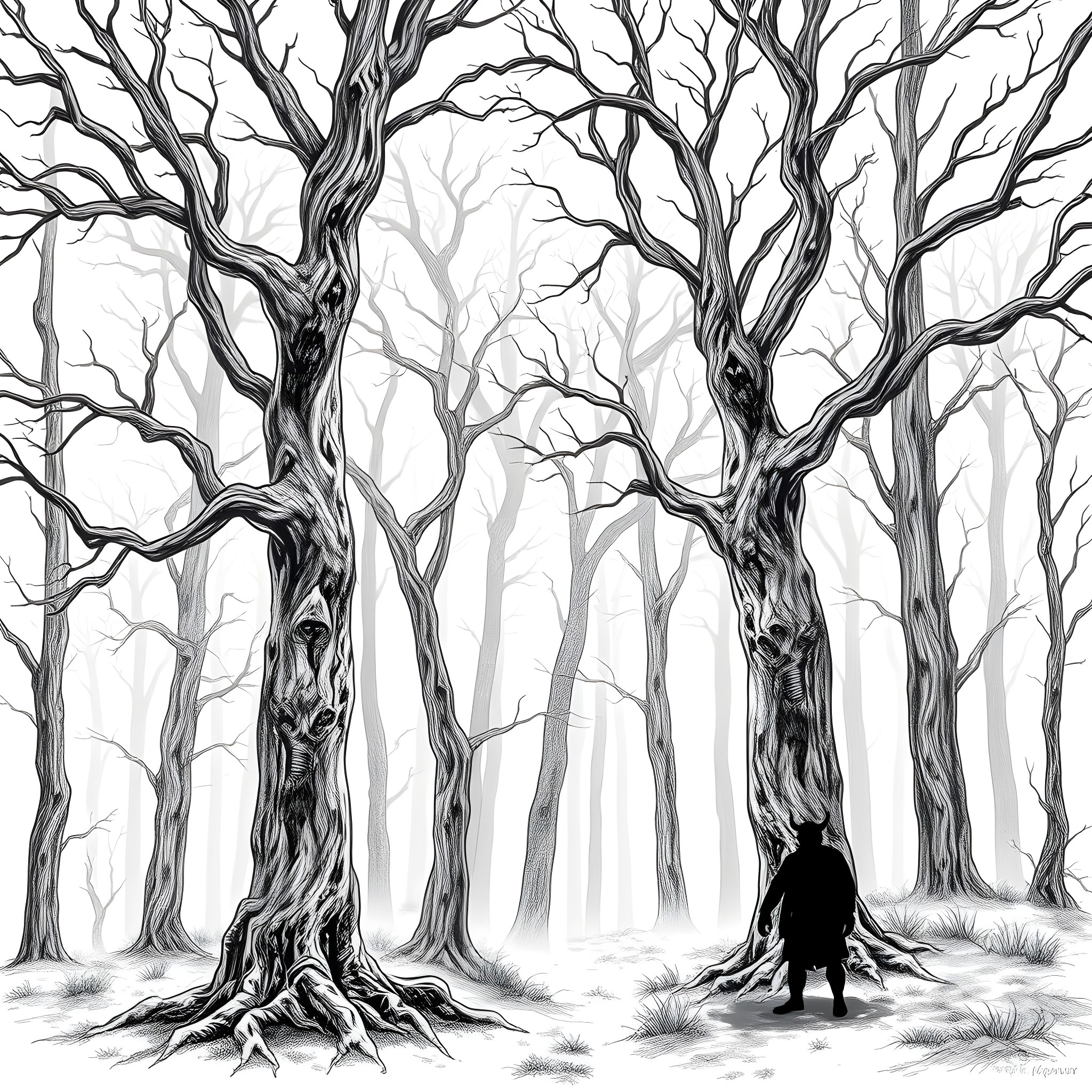 Wendigo roaming through the dark, twisted forest Coloring Page (free black-and-white line drawing printable PDF for all, from beginners to advanced learners, including children, teens, adults, and seniors)