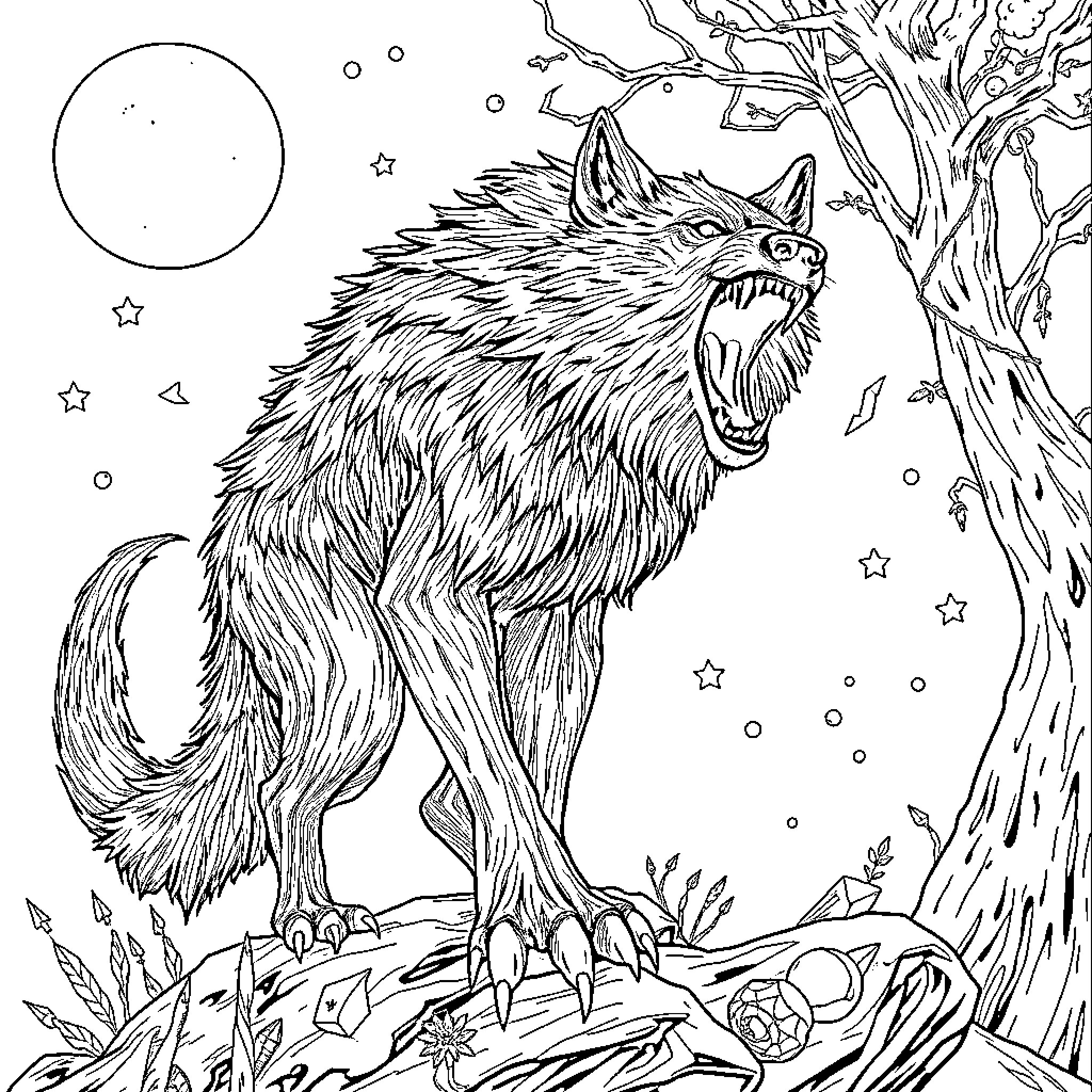 Lobisomem howling under the moonlight Coloring Page (free black-and-white line drawing printable PDF for all, from beginners to advanced learners, including children, teens, adults, and seniors)