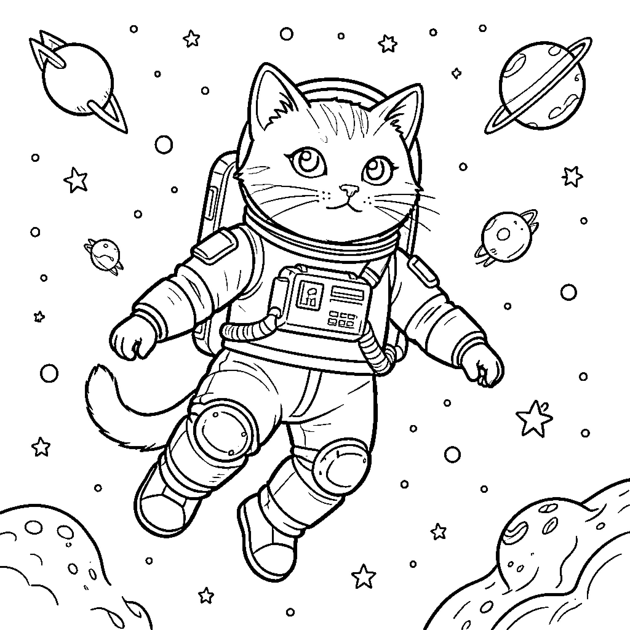 Astronaut Cat exploring the cosmic void Coloring Page (free black-and-white line drawing printable PDF for all, from beginners to advanced learners, including children, teens, adults, and seniors)