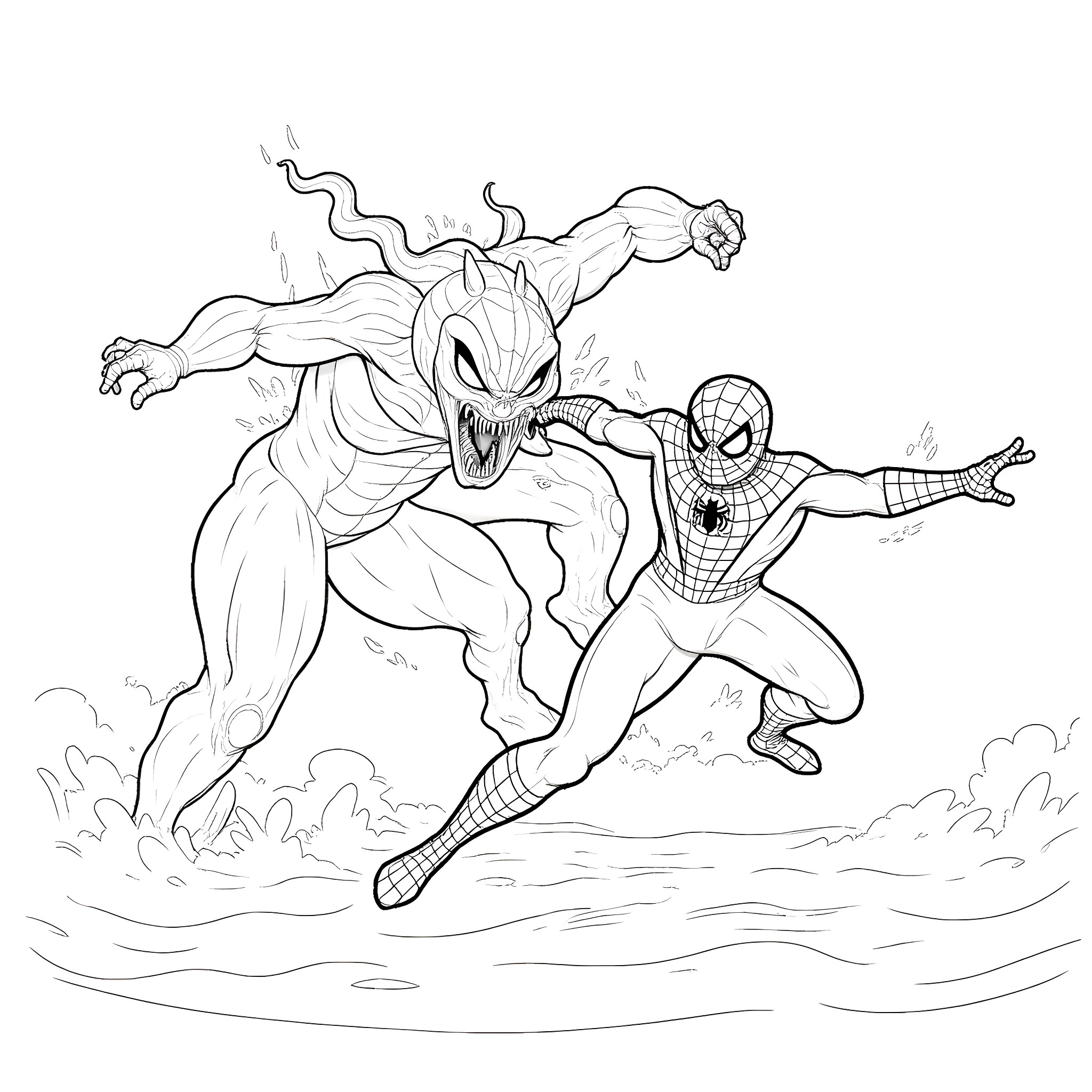 Spiderman confronting a fearsome villain Coloring Page (free black-and-white line drawing printable PDF for all, from beginners to advanced learners, including children, teens, adults, and seniors)