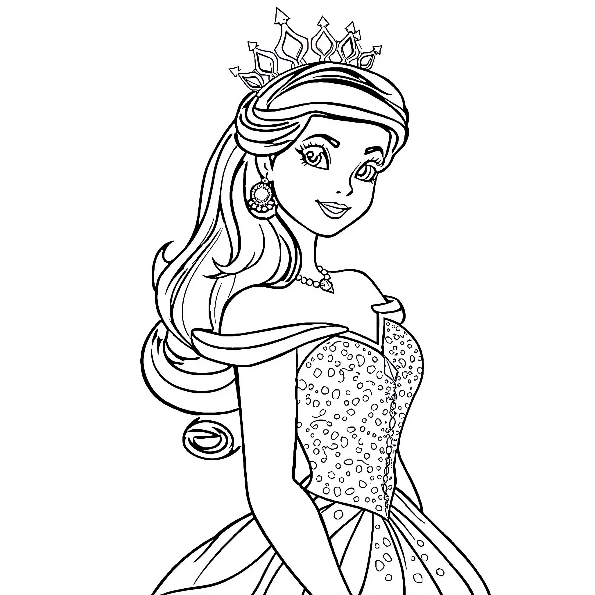 Princess in Elegant Attire and Regal Crown Coloring Page (free black-and-white line drawing printable PDF for all, from beginners to advanced learners, including children, teens, adults, and seniors)