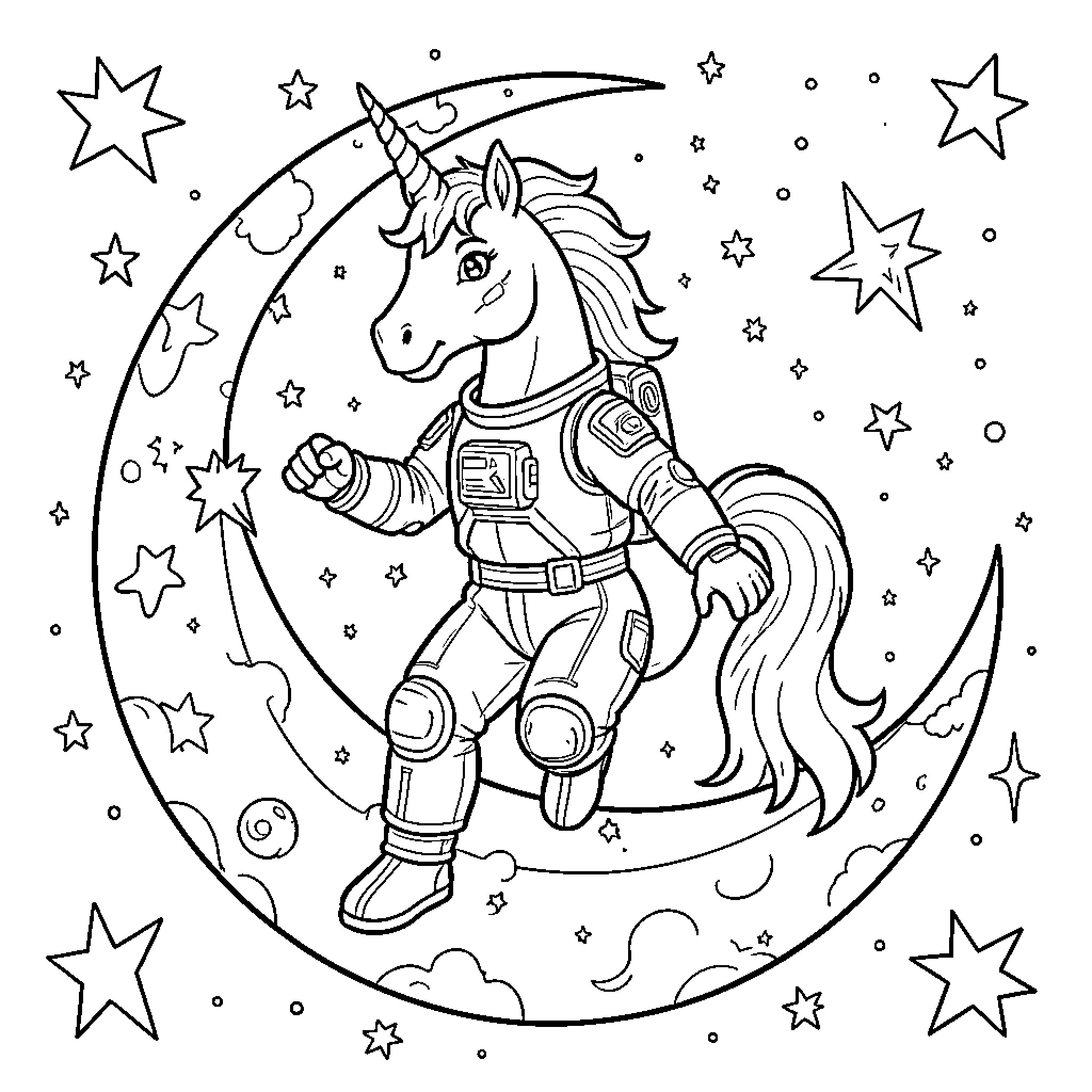 Unicorn astronaut exploring the starry night sky Coloring Page (free black-and-white line drawing printable PDF for all, from beginners to advanced learners, including children, teens, adults, and seniors)
