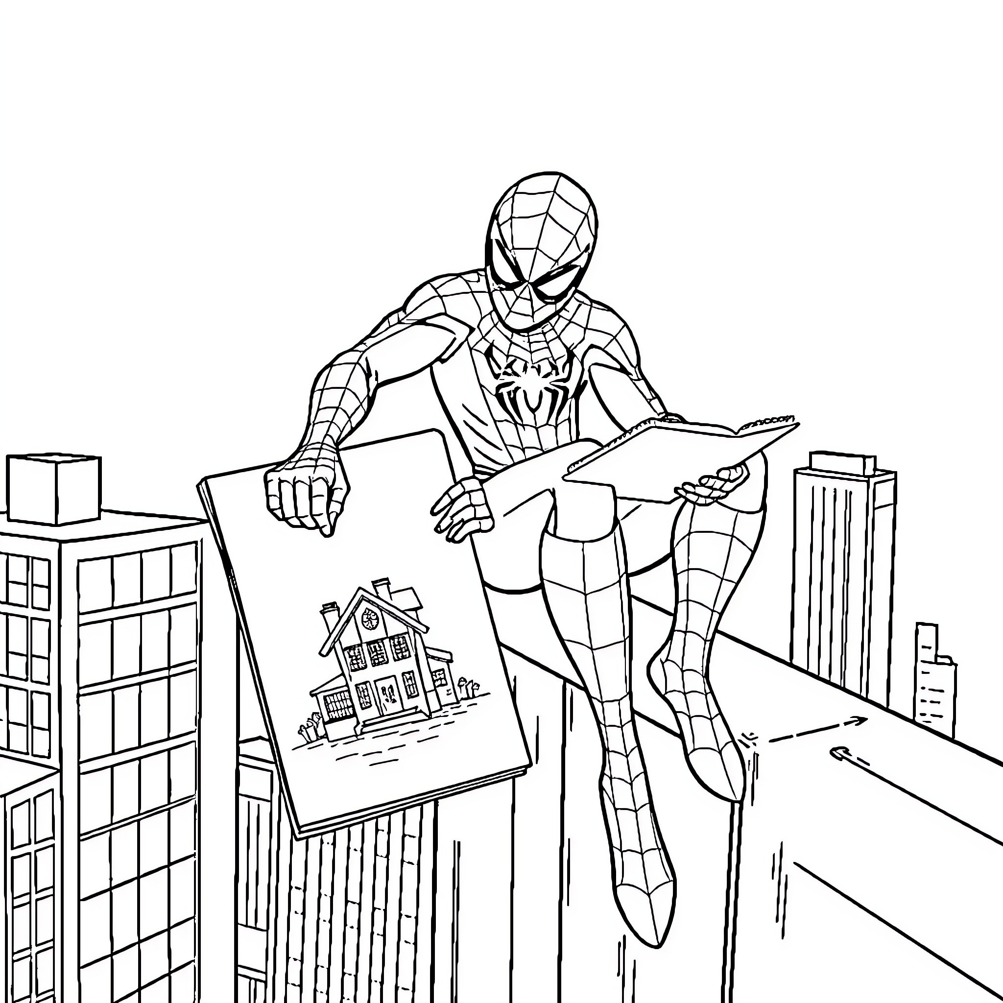 Spiderman swinging through the city skyline Coloring Page (free black-and-white line drawing printable PDF for all, from beginners to advanced learners, including children, teens, adults, and seniors)