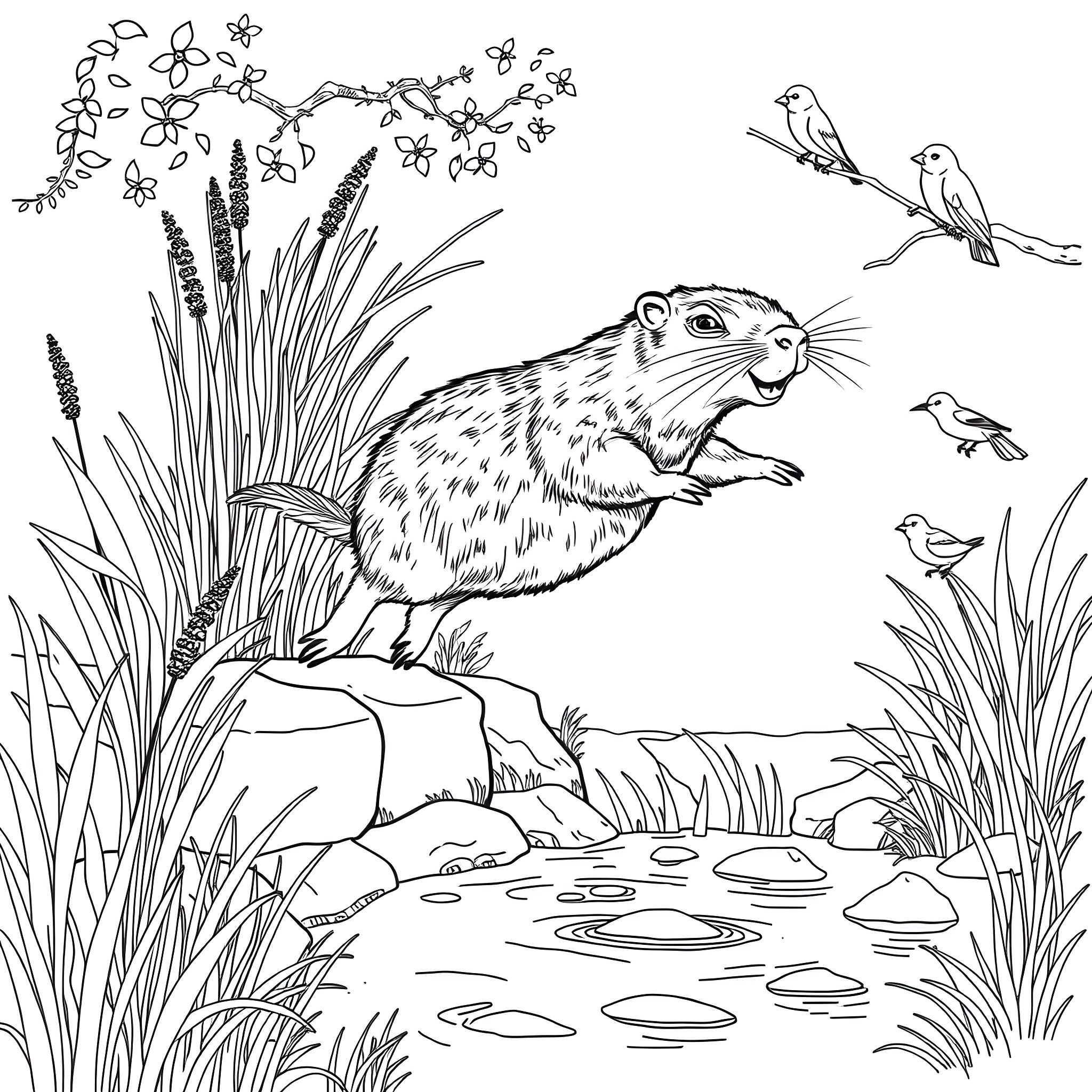 Capybara admiring flowers and birds in nature Coloring Page (free black-and-white line drawing printable PDF for all, from beginners to advanced learners, including children, teens, adults, and seniors)